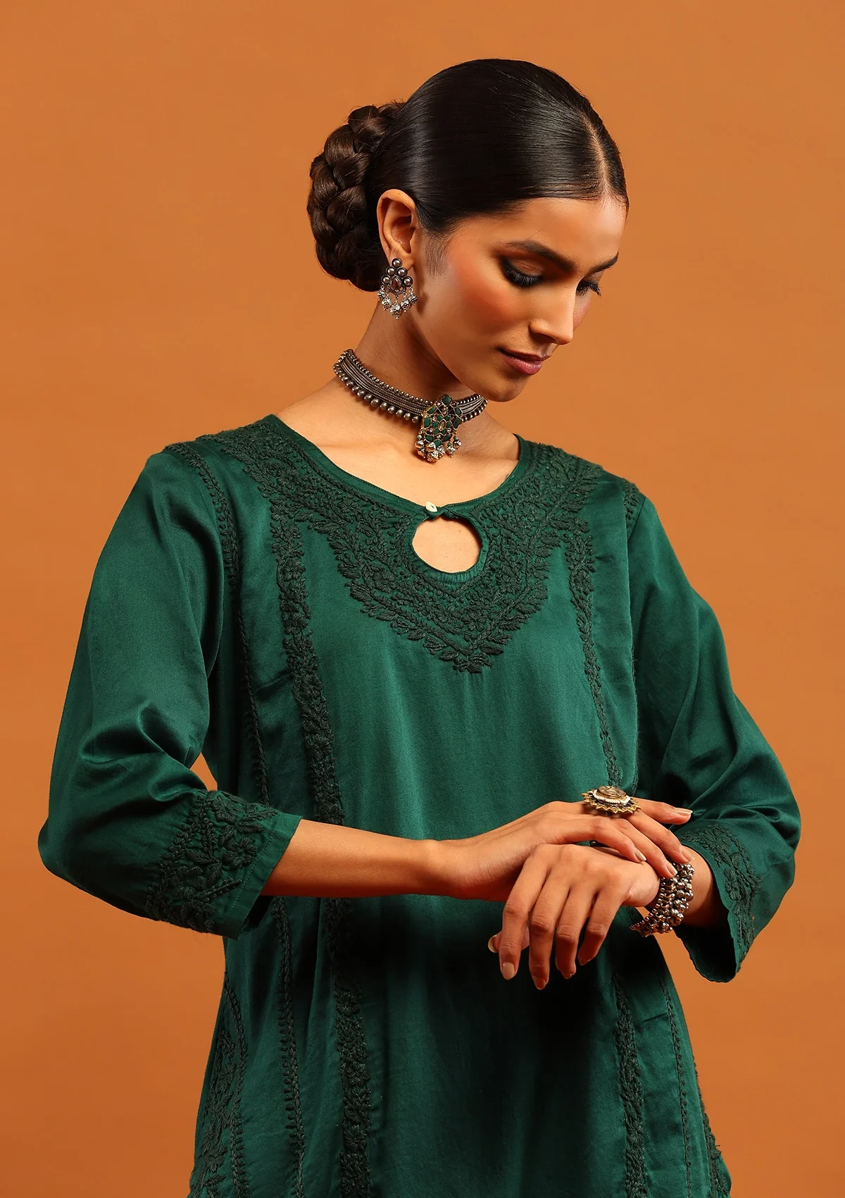 HOC Jaam Silk Chikankari Solid Women's 2 PC Long Kurta Set - Bottle Green - Image 2