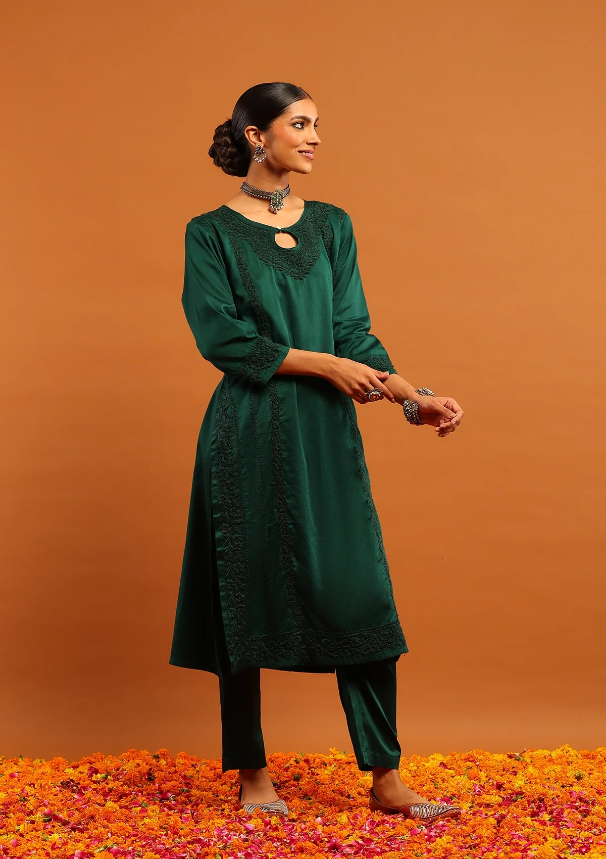 HOC Jaam Silk Chikankari Solid Women's 2 PC Long Kurta Set - Bottle Green - Image 3