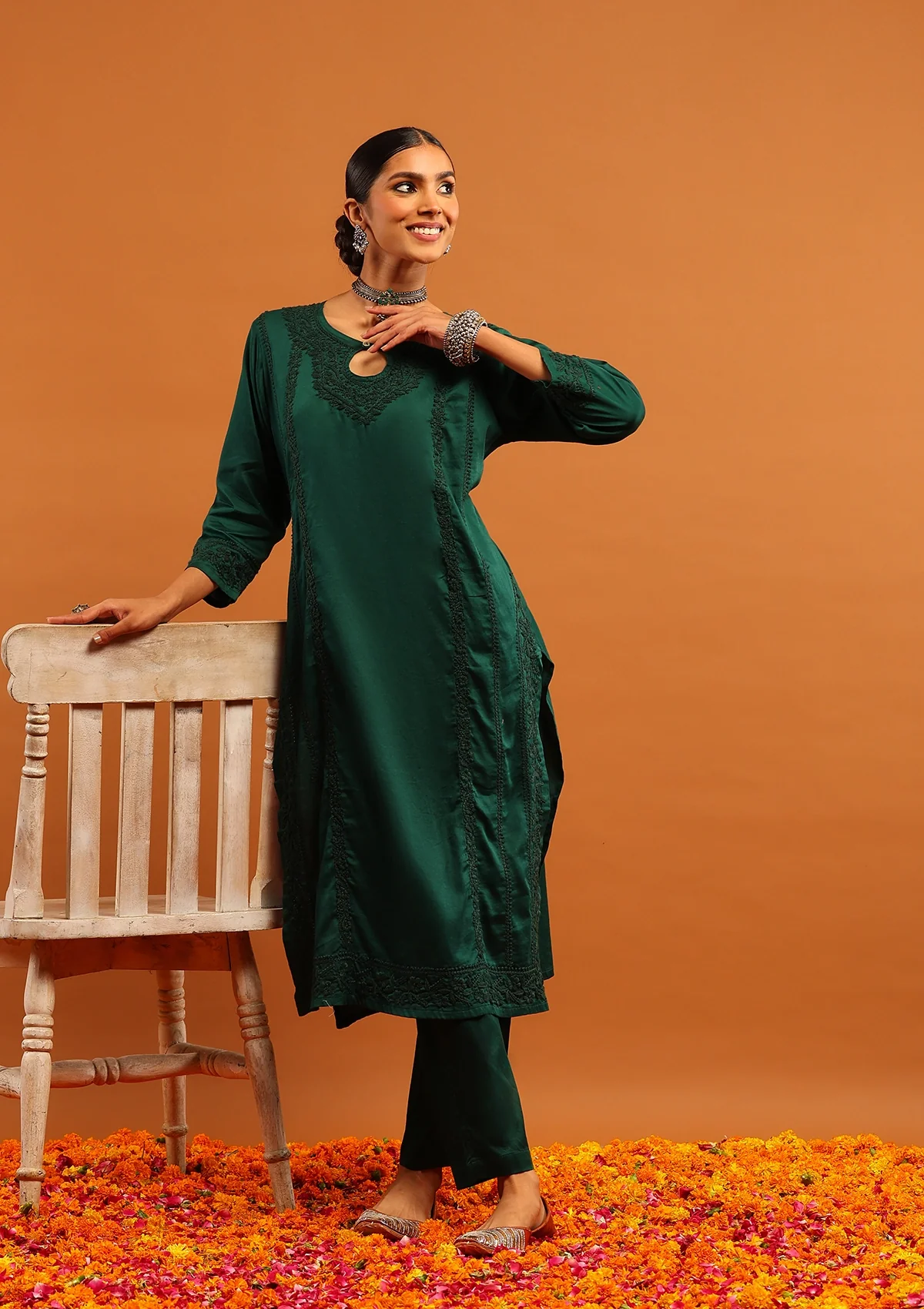 HOC Jaam Silk Chikankari Solid Women's 2 PC Long Kurta Set - Bottle Green - Image 4