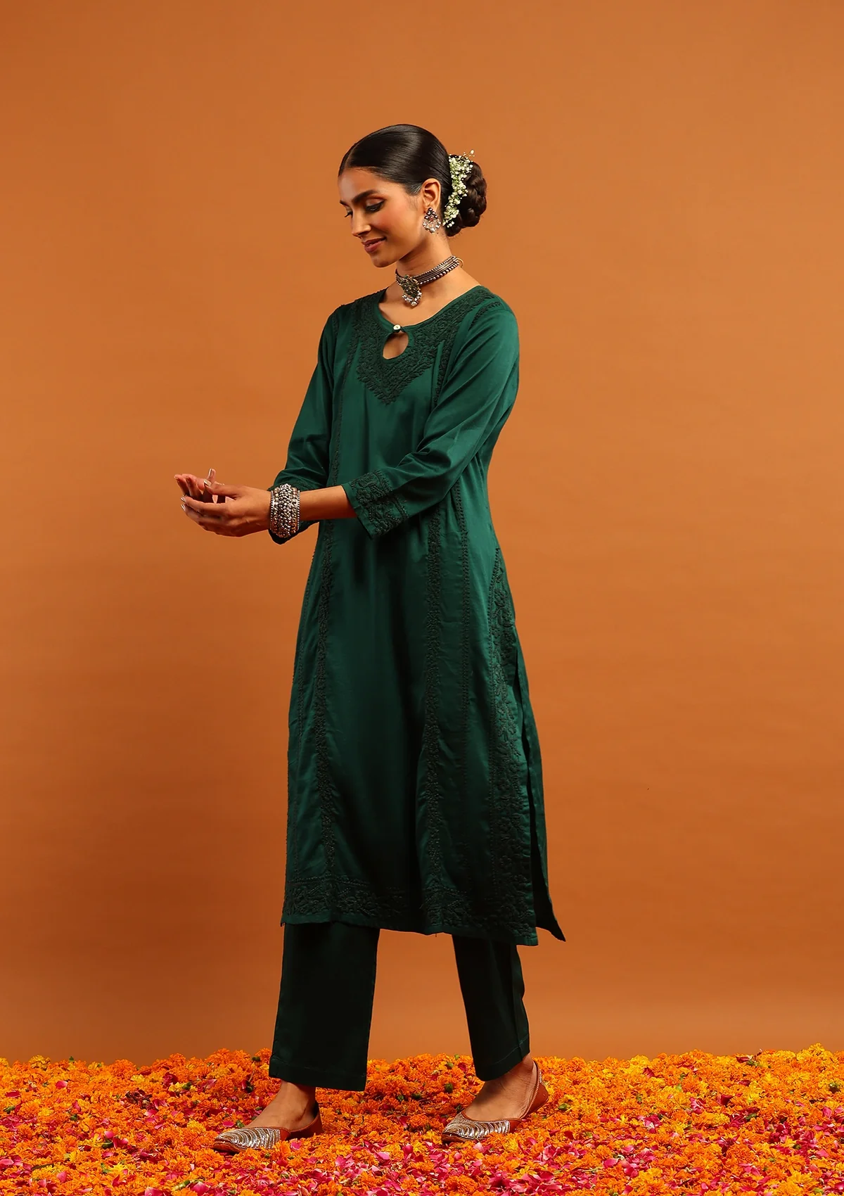 HOC Jaam Silk Chikankari Solid Women's 2 PC Long Kurta Set - Bottle Green - Image 5