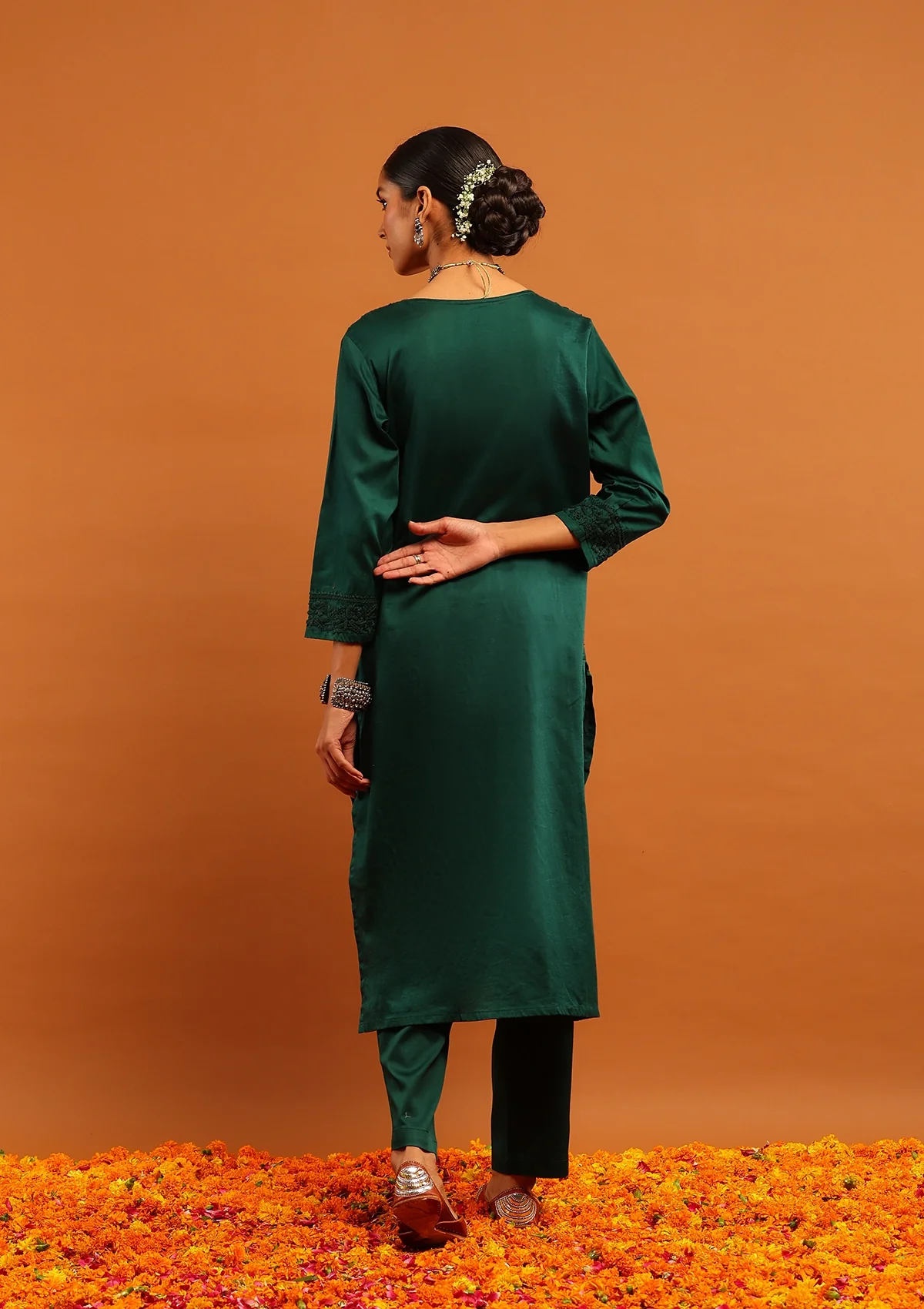 HOC Jaam Silk Chikankari Solid Women's 2 PC Long Kurta Set - Bottle Green - Image 7