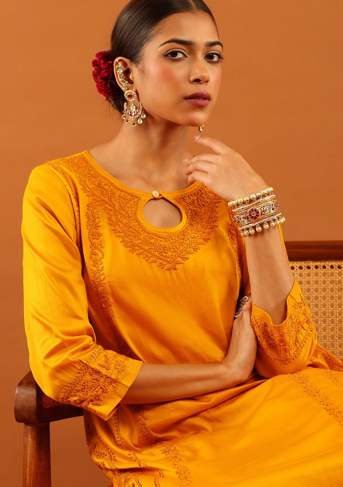 HOC Jaam Silk Chikankari Solid Women's 2 PC Long Kurta Set - Mustard - Image 2