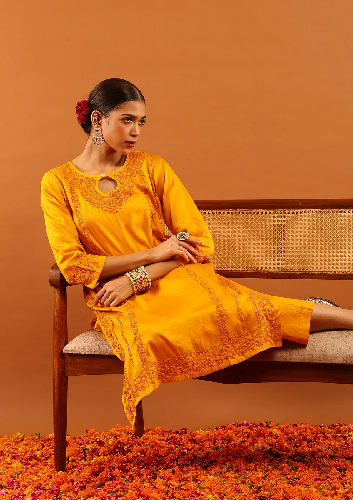 HOC Jaam Silk Chikankari Solid Women's 2 PC Long Kurta Set - Mustard - Image 4