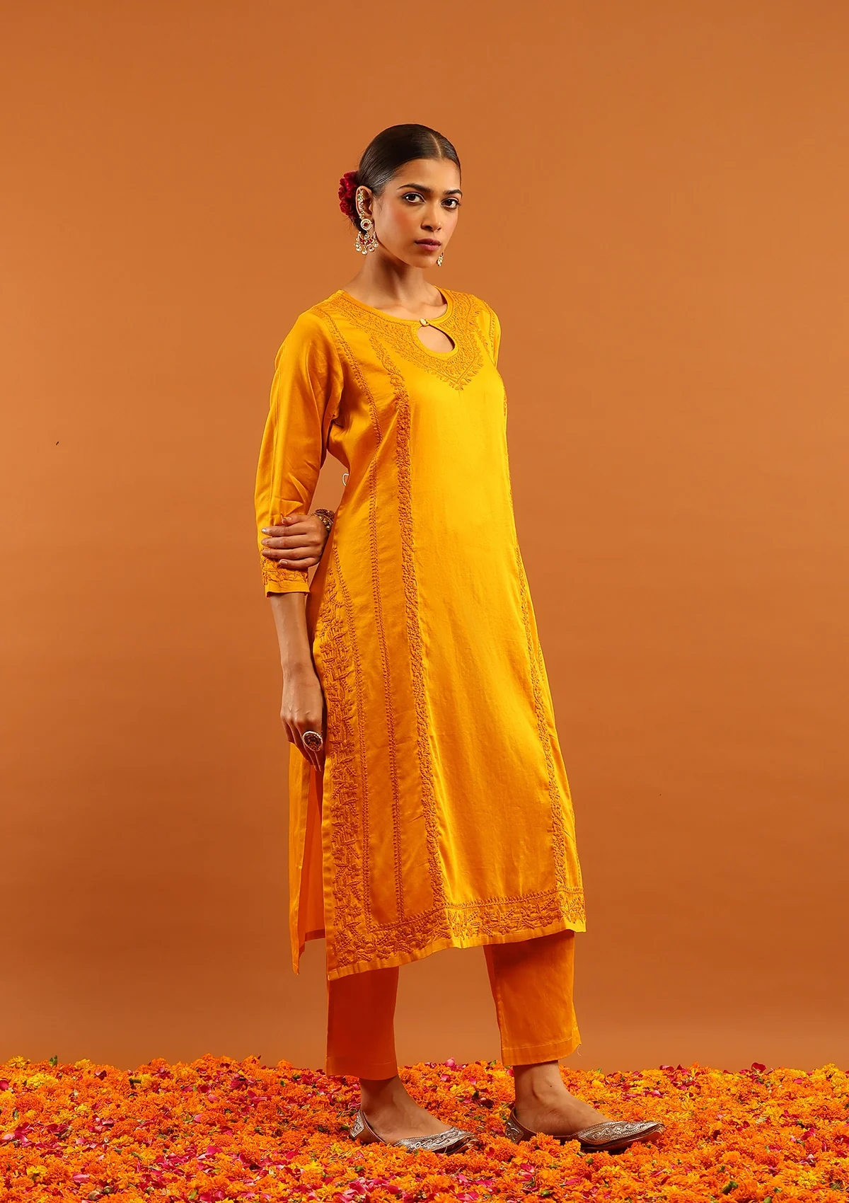 HOC Jaam Silk Chikankari Solid Women's 2 PC Long Kurta Set - Mustard - Image 5