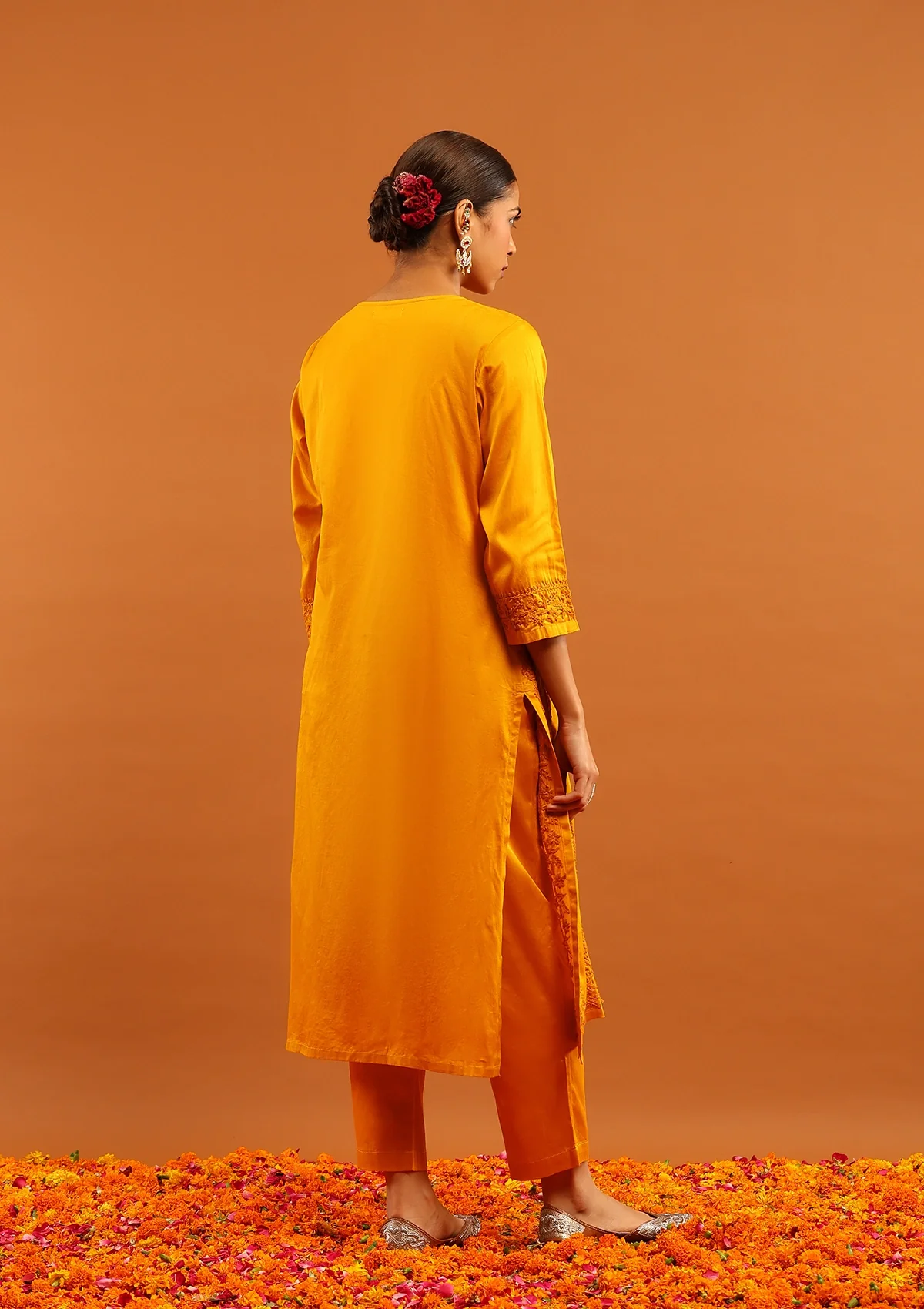 HOC Jaam Silk Chikankari Solid Women's 2 PC Long Kurta Set - Mustard - Image 7