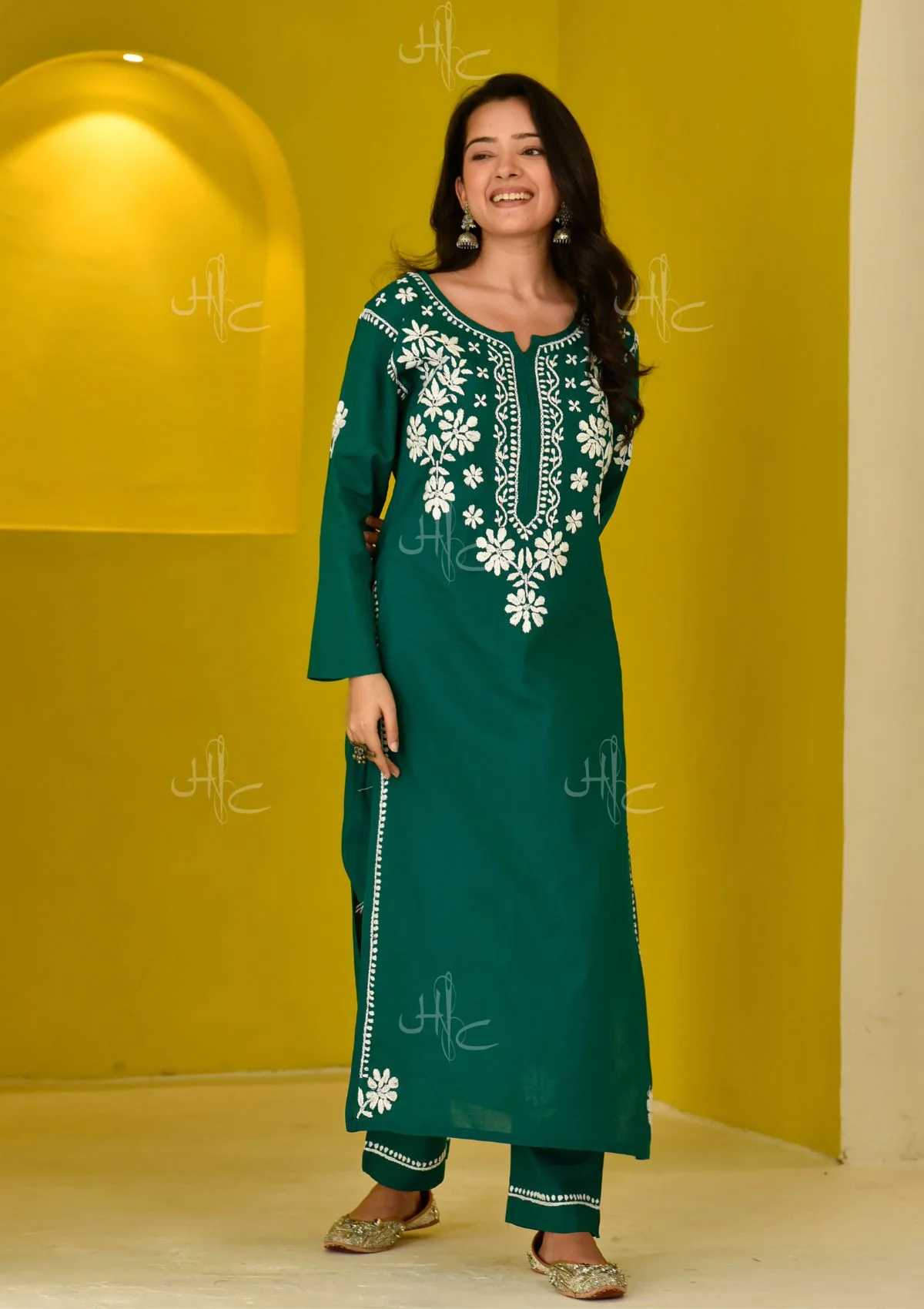 HOC Juhaina Chikankari Cotton Straight Set (Teal Green) - Image 3