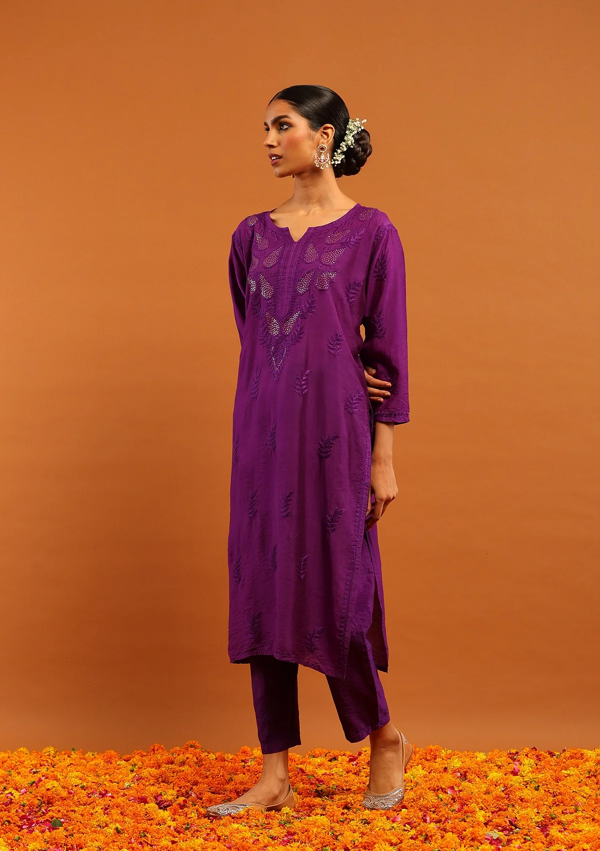 Karisma Chanderi Chikankari with Mukaish Solid Women's 2 PC Long Kurta Set- Purple - Image 3
