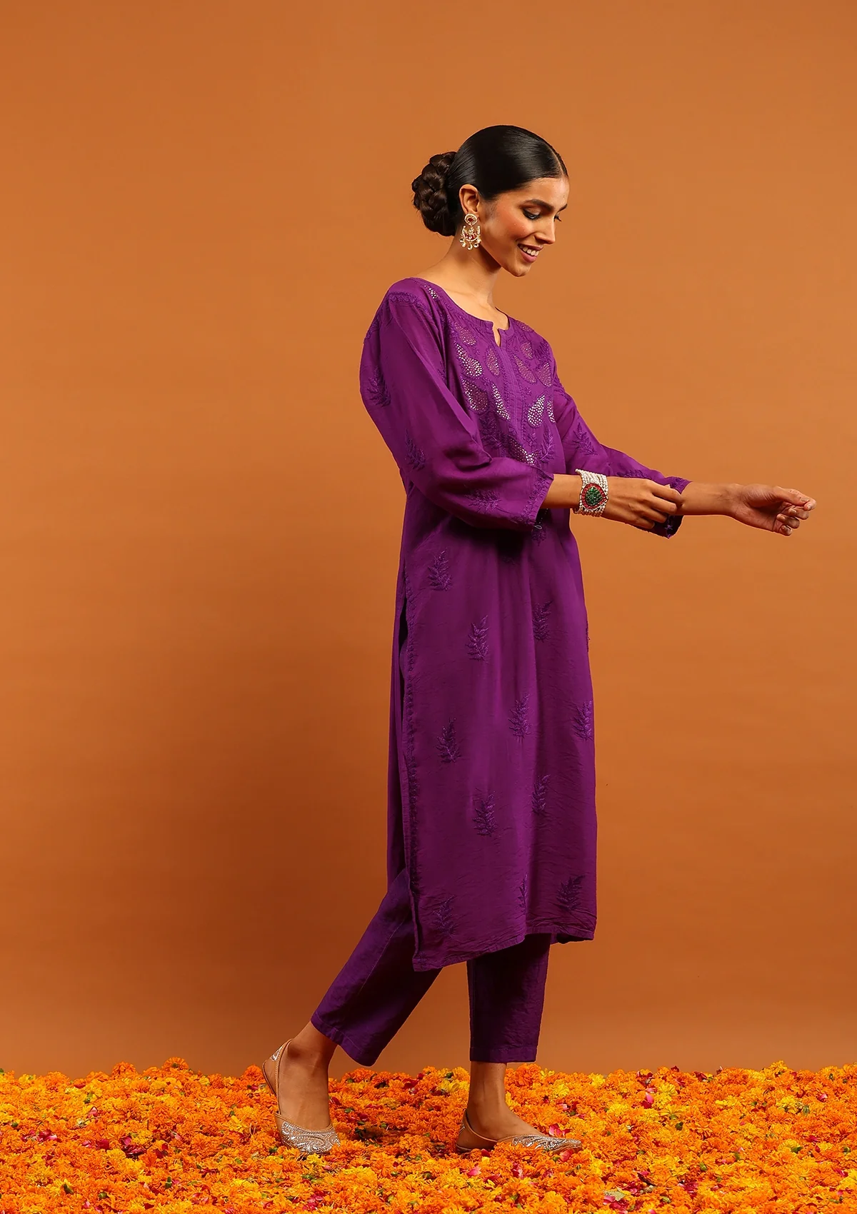 Karisma Chanderi Chikankari with Mukaish Solid Women's 2 PC Long Kurta Set- Purple - Image 4