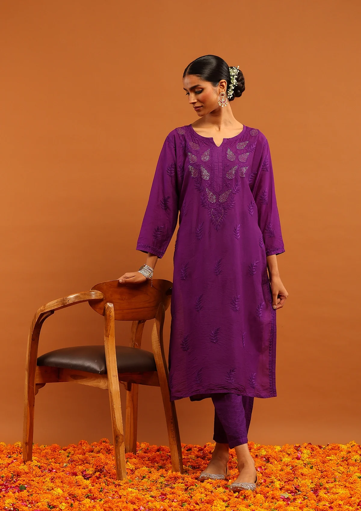Karisma Chanderi Chikankari with Mukaish Solid Women's 2 PC Long Kurta Set- Purple - Image 5