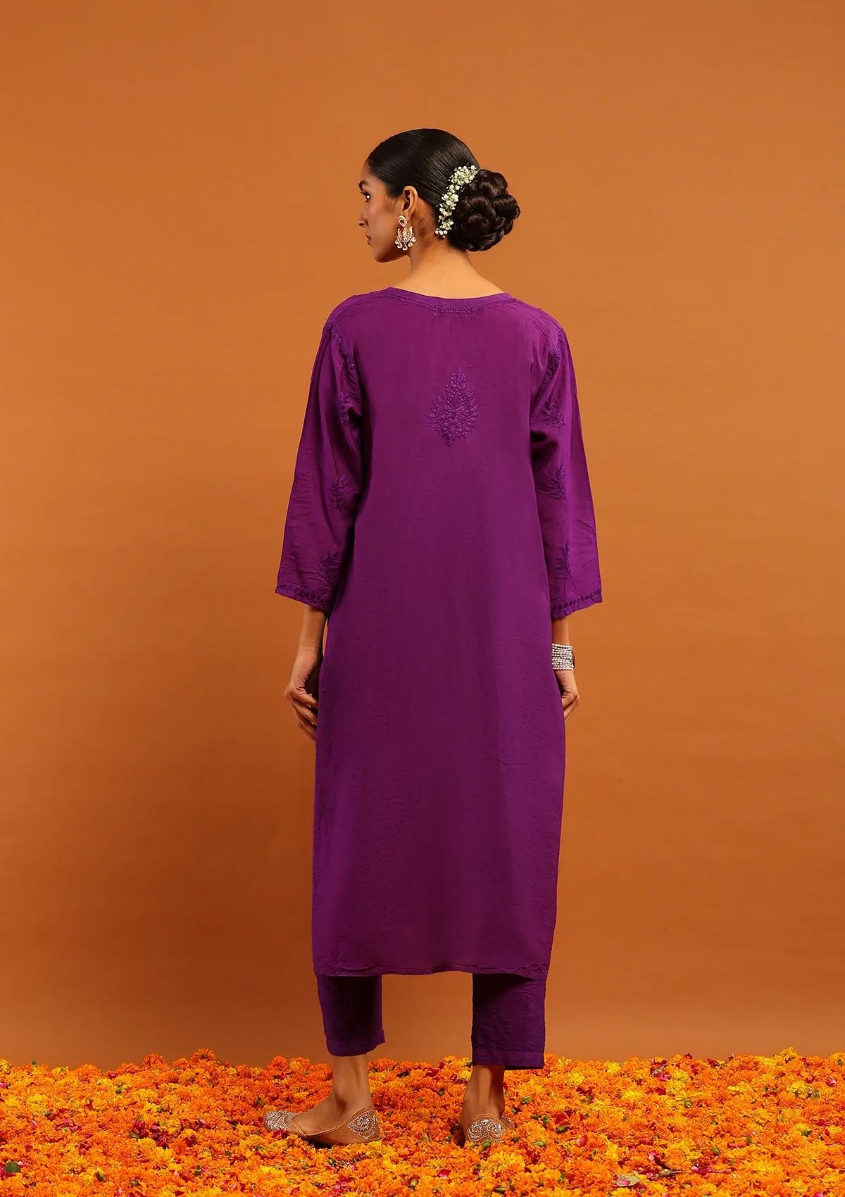 Karisma Chanderi Chikankari with Mukaish Solid Women's 2 PC Long Kurta Set- Purple - Image 7