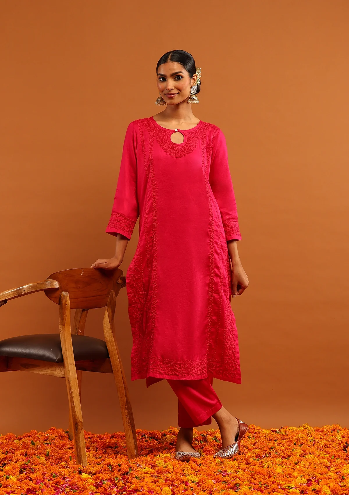 Karisma Jaam Silk Chikankari Solid Women's 2 PC Long Kurta Set - Magenta