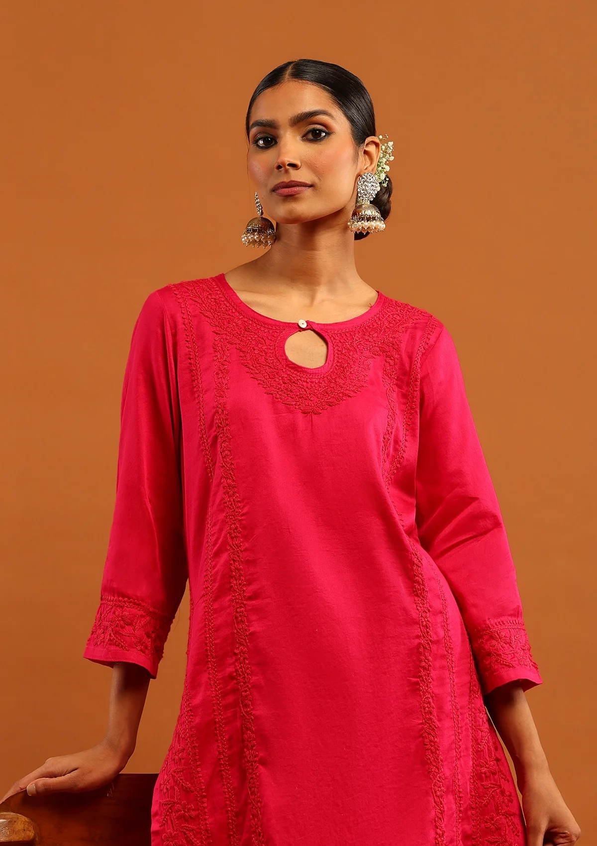 Karisma Jaam Silk Chikankari Solid Women's 2 PC Long Kurta Set - Magenta - Image 2