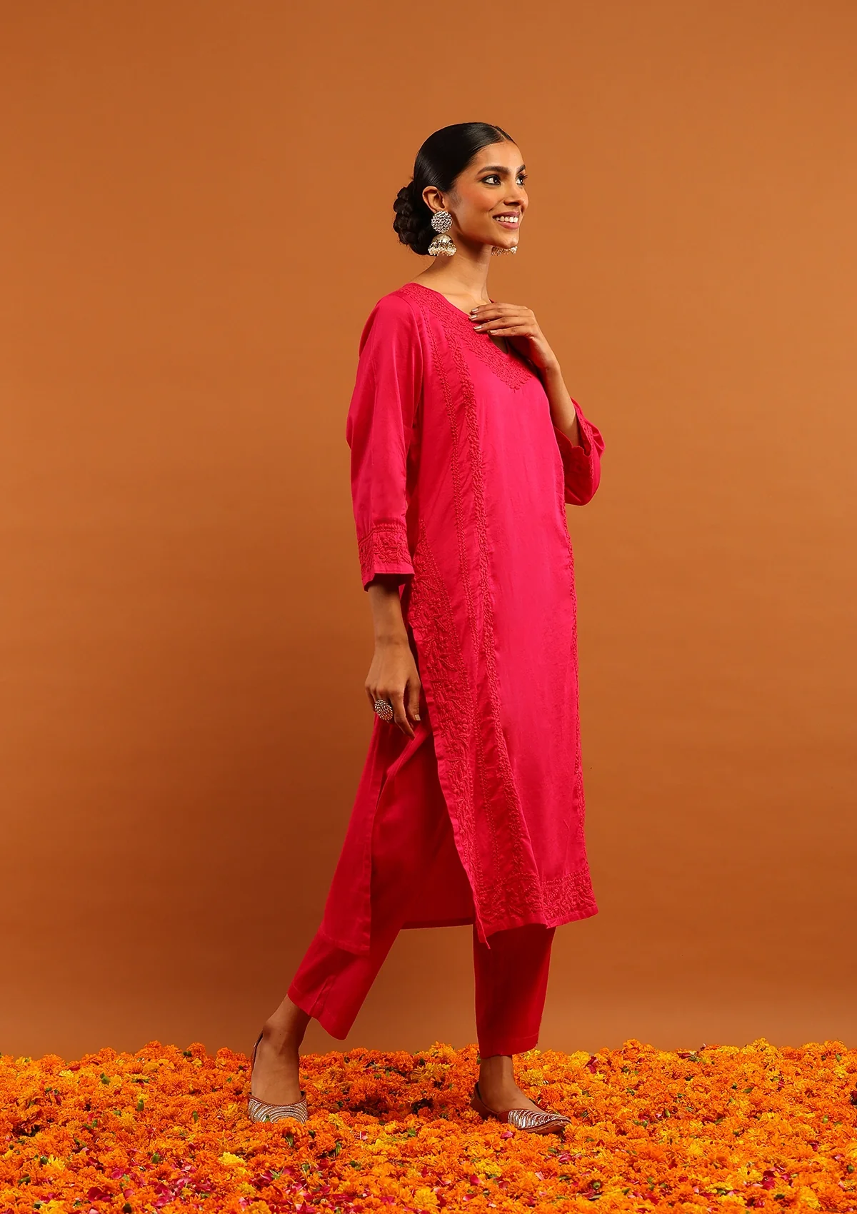 Karisma Jaam Silk Chikankari Solid Women's 2 PC Long Kurta Set - Magenta - Image 5
