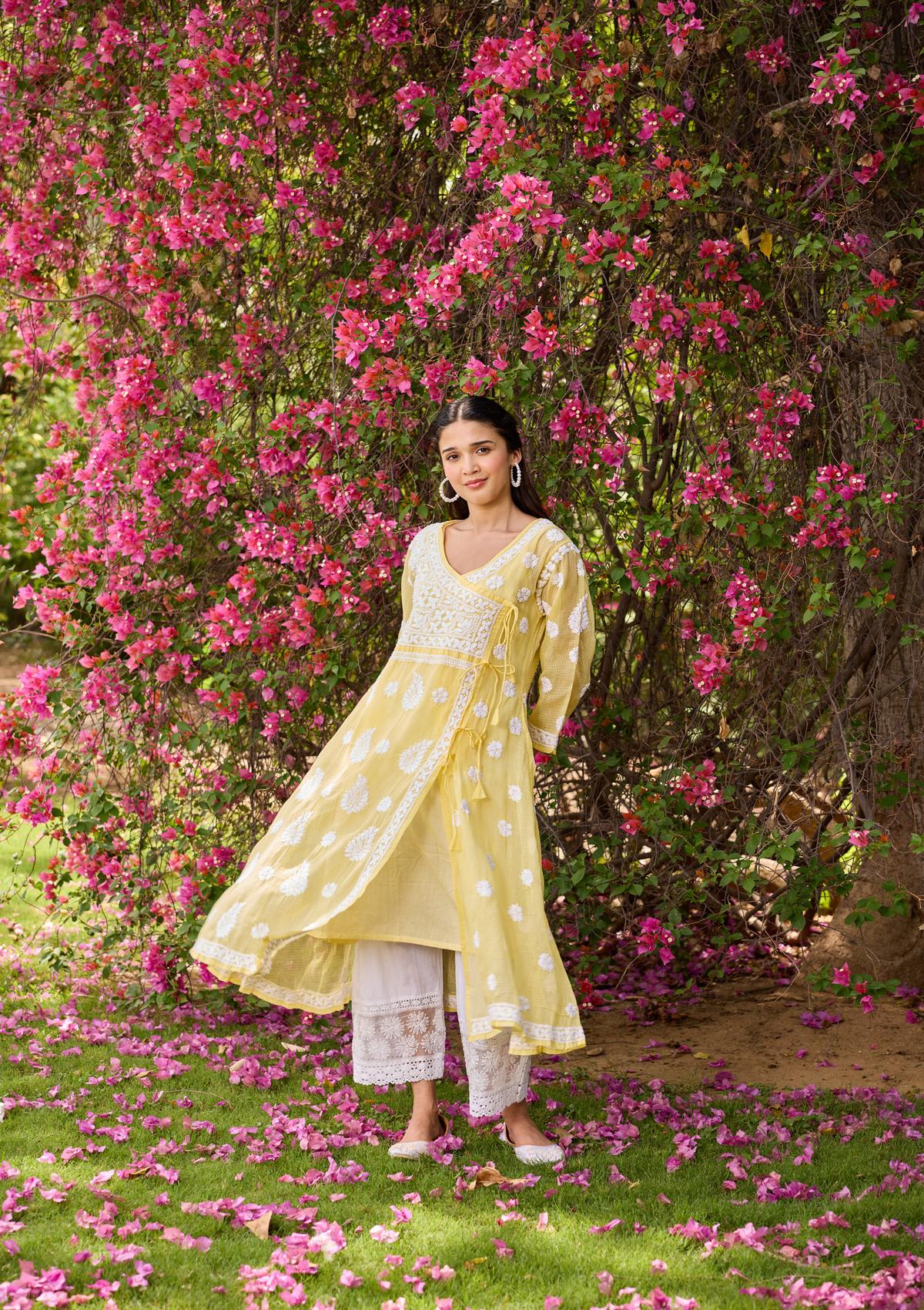 HOC Nazakat Kota Chikankari Solid Women's Angrakha With Inner - Yellow - Image 3