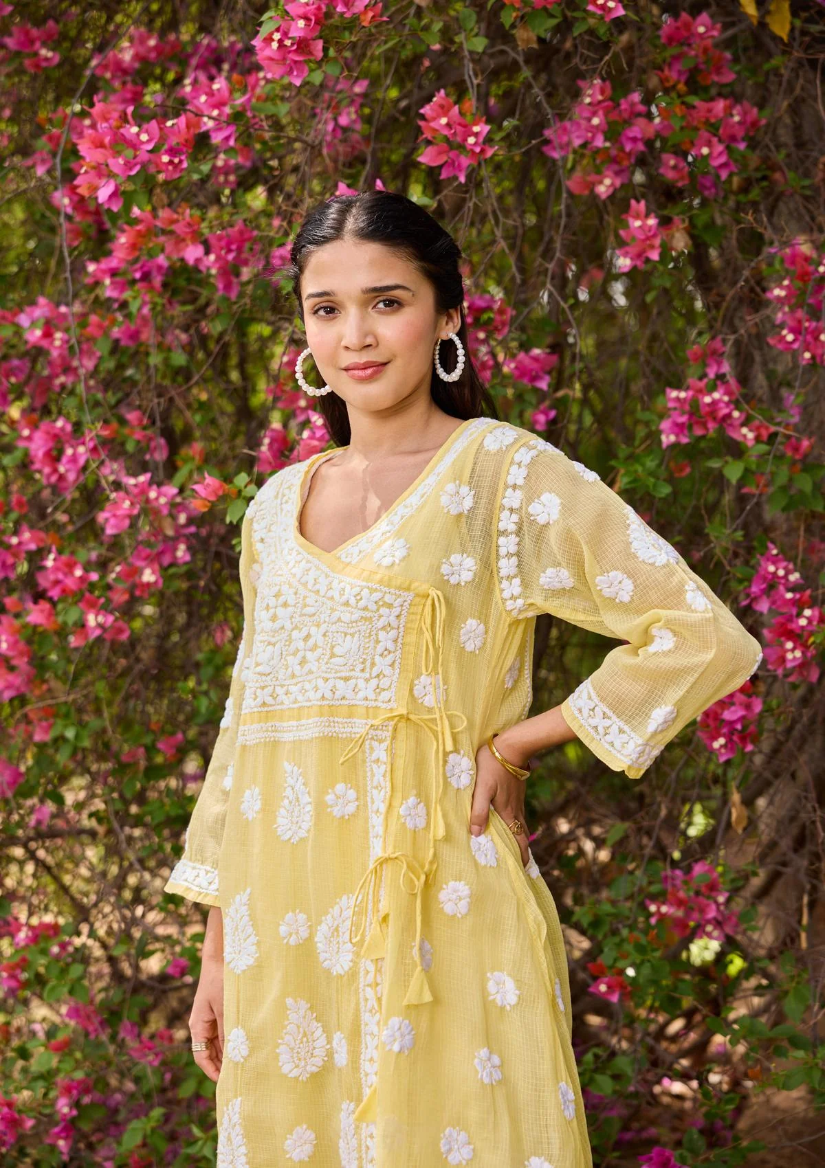 HOC Nazakat Kota Chikankari Solid Women's Angrakha With Inner - Yellow - Image 4