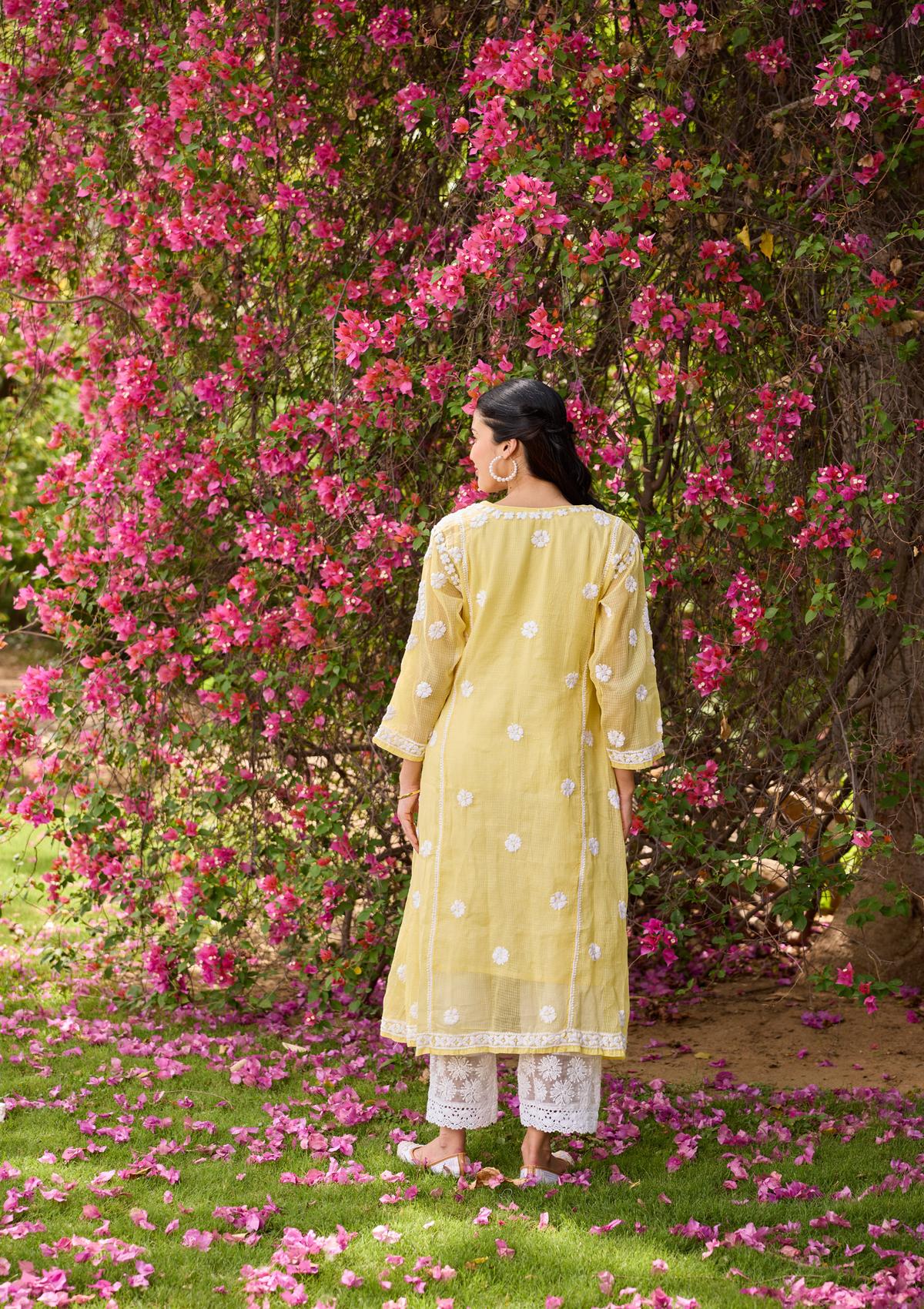 HOC Nazakat Kota Chikankari Solid Women's Angrakha With Inner - Yellow - Image 5