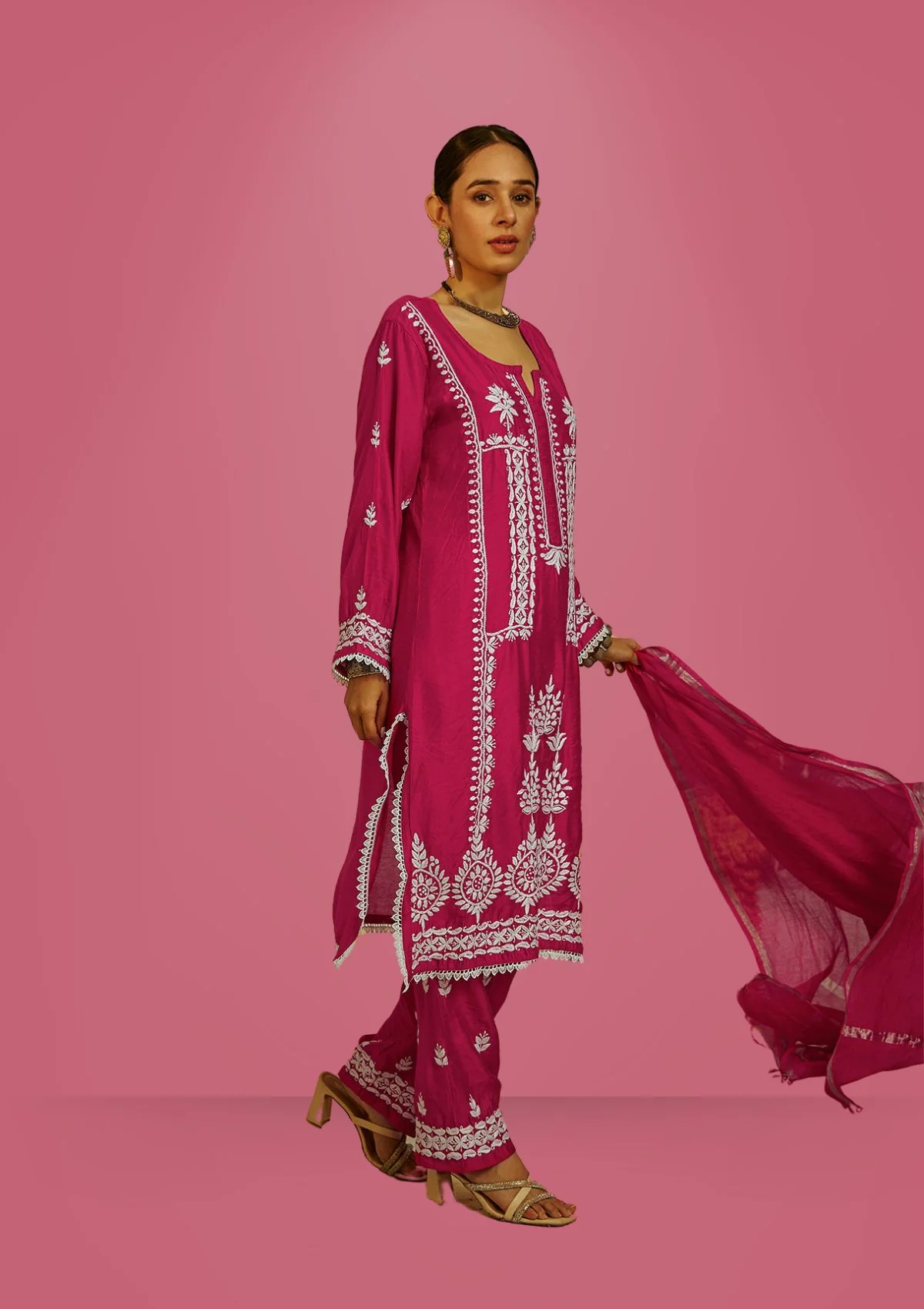 Mahnoor Chikankari Chanderi Straight Kurta Set with Dupatta - Image 3