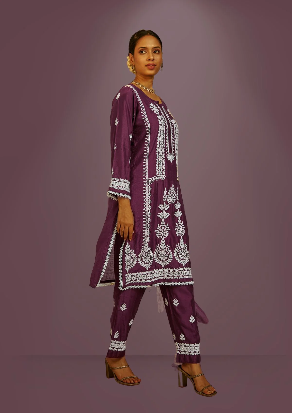 Mahnoor Chikankari Chanderi Straight Kurta Set with Dupatta - Image 3