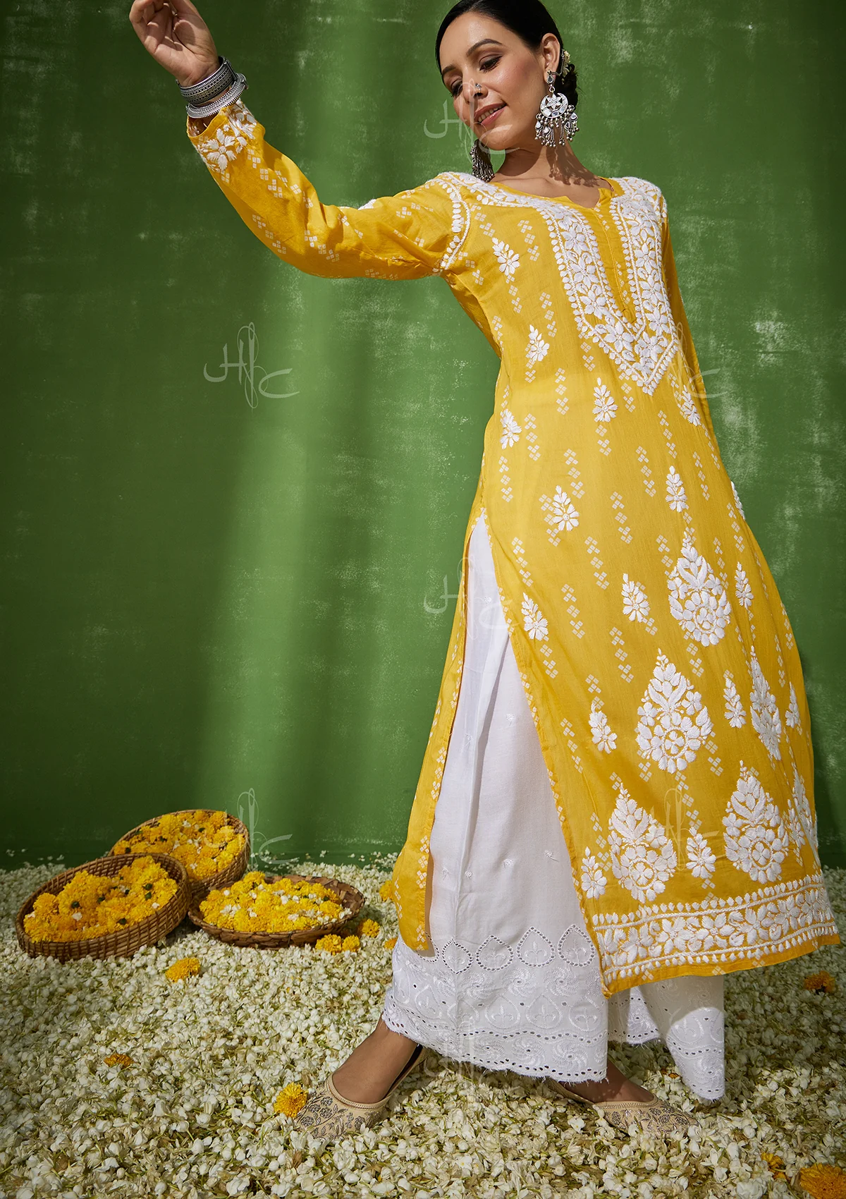 HOC Mira Chikankari Cotton Straight Kurta - Yellow - Image 3