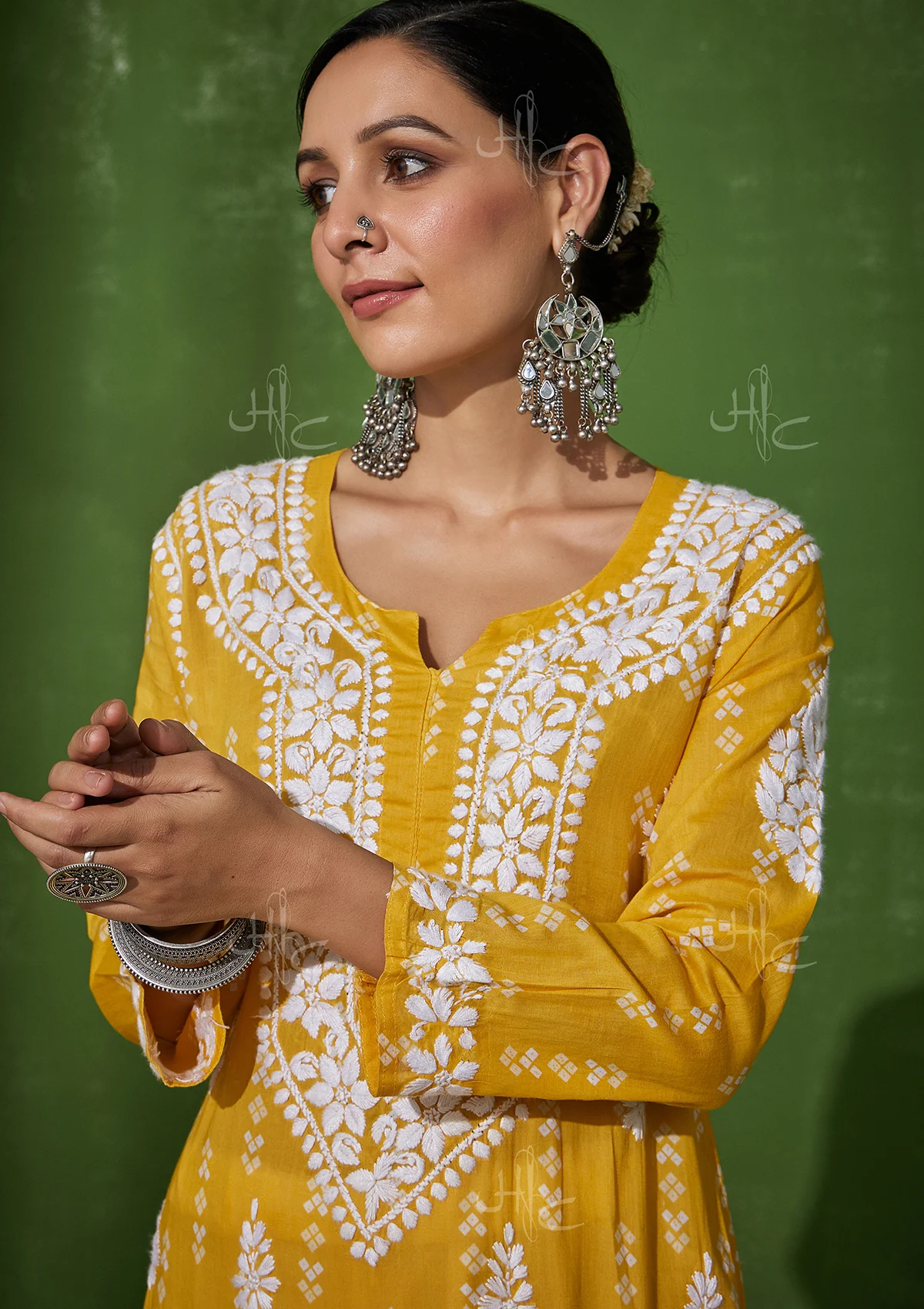 HOC Mira Chikankari Cotton Straight Kurta - Yellow - Image 4