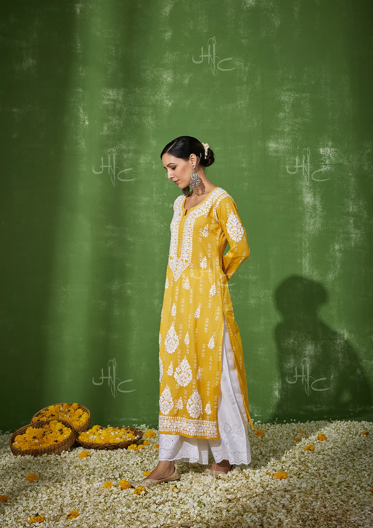 HOC Mira Chikankari Cotton Straight Kurta - Yellow - Image 5