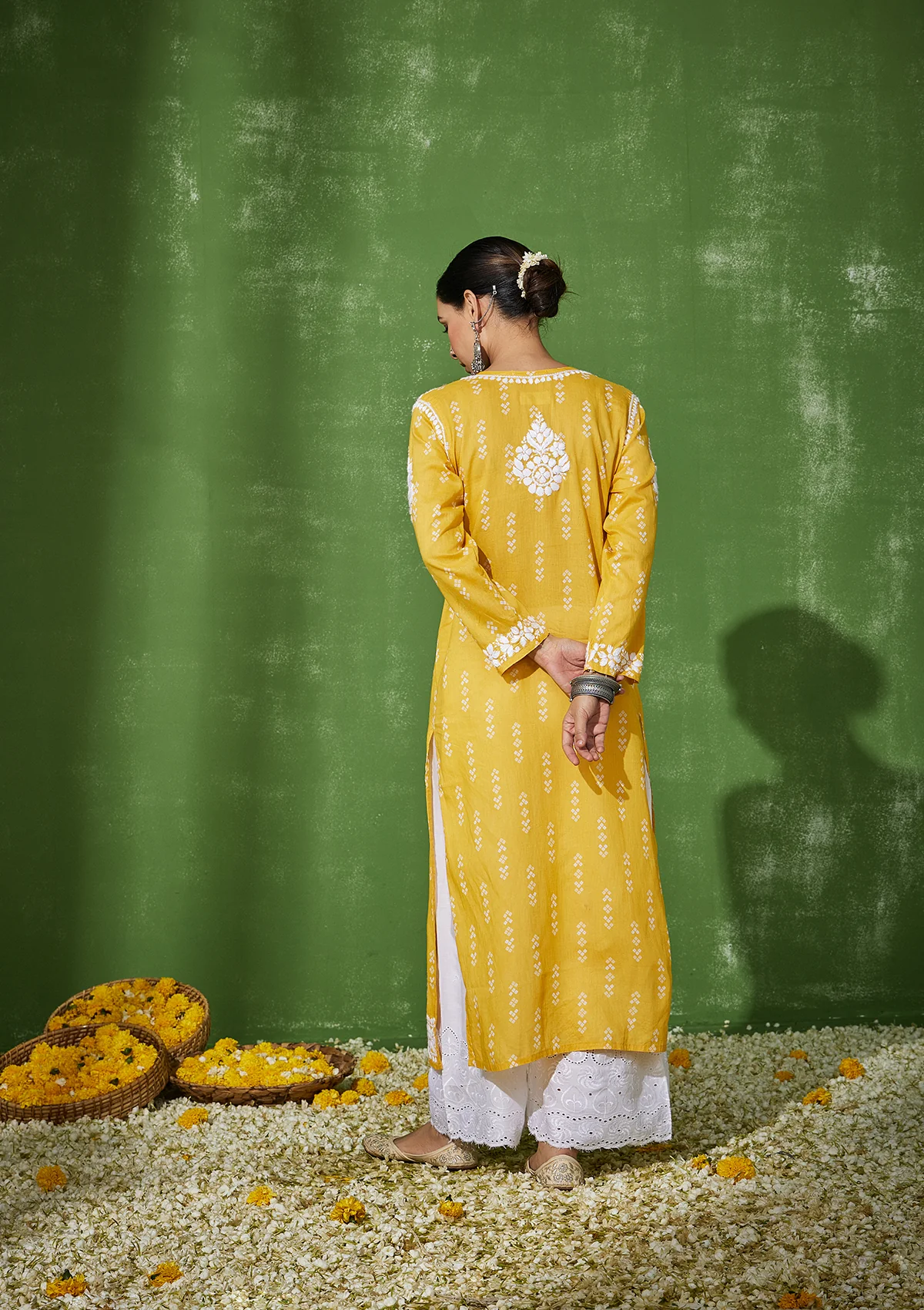 HOC Mira Chikankari Cotton Straight Kurta - Yellow - Image 6