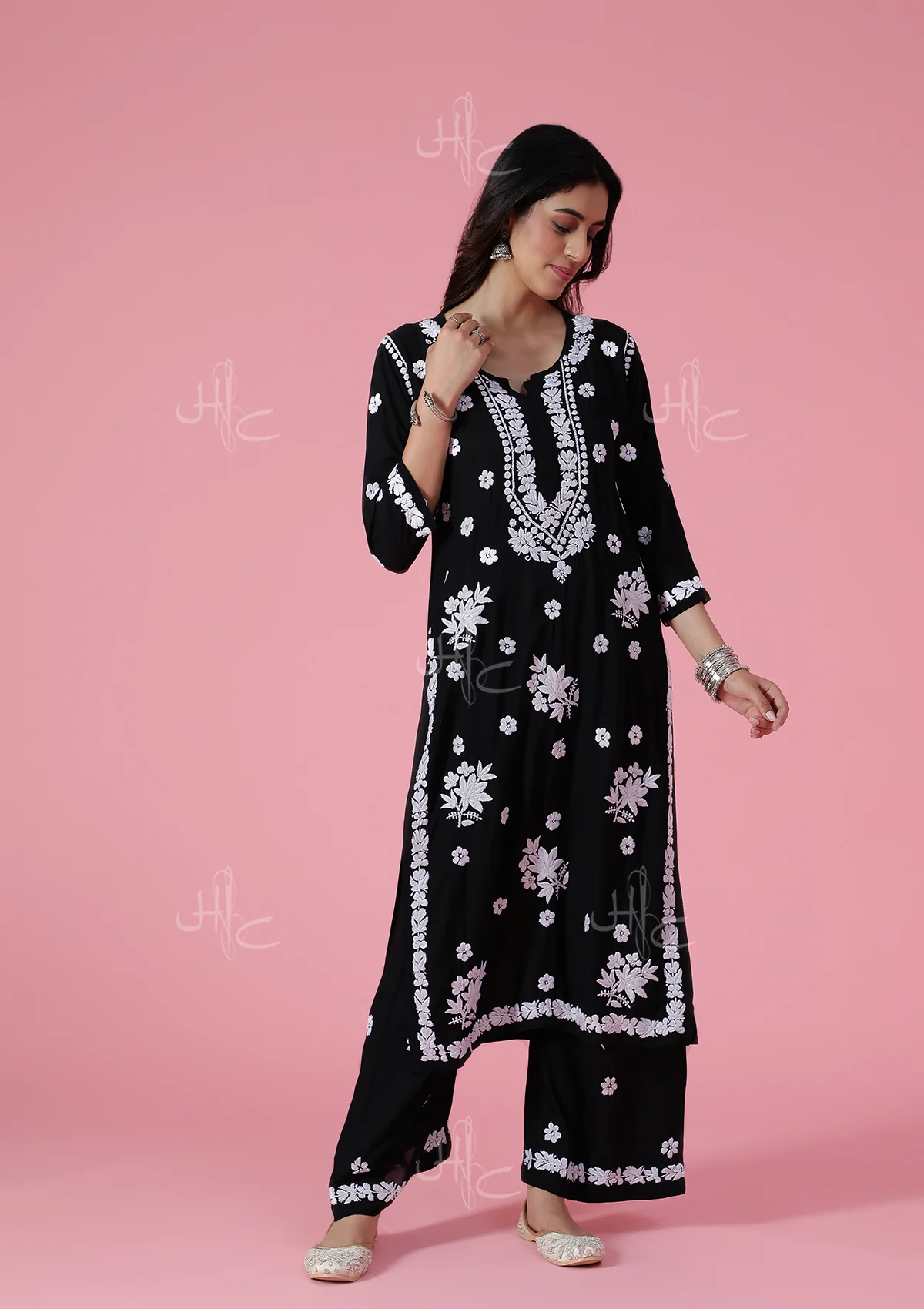 HOC Modal Chikankari Solid Women's 2 PC Long Kurta Set -  Black - Image 3