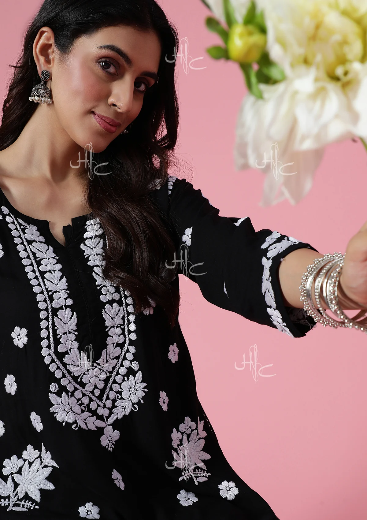 HOC Modal Chikankari Solid Women's 2 PC Long Kurta Set -  Black - Image 4