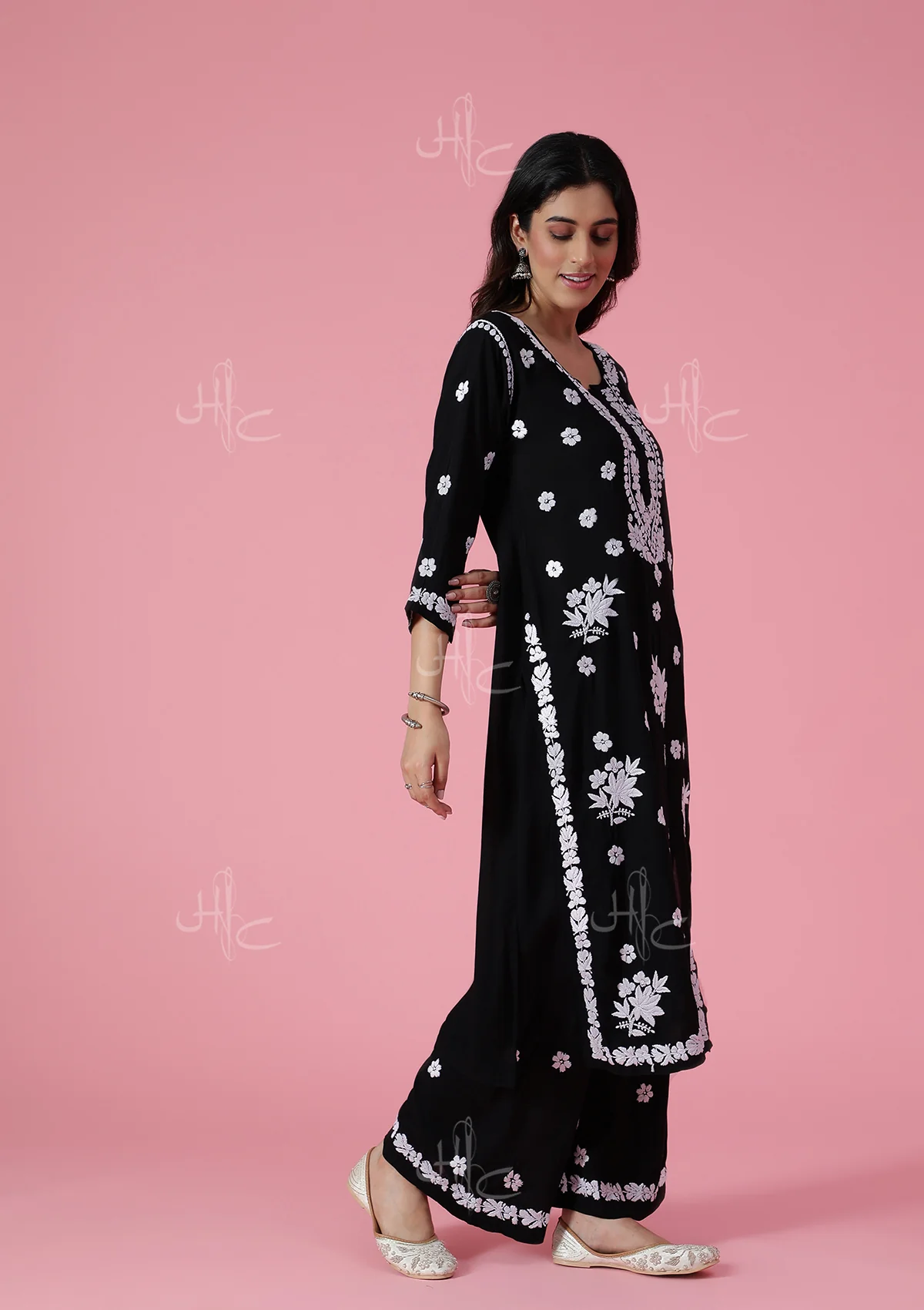 HOC Modal Chikankari Solid Women's 2 PC Long Kurta Set -  Black - Image 5