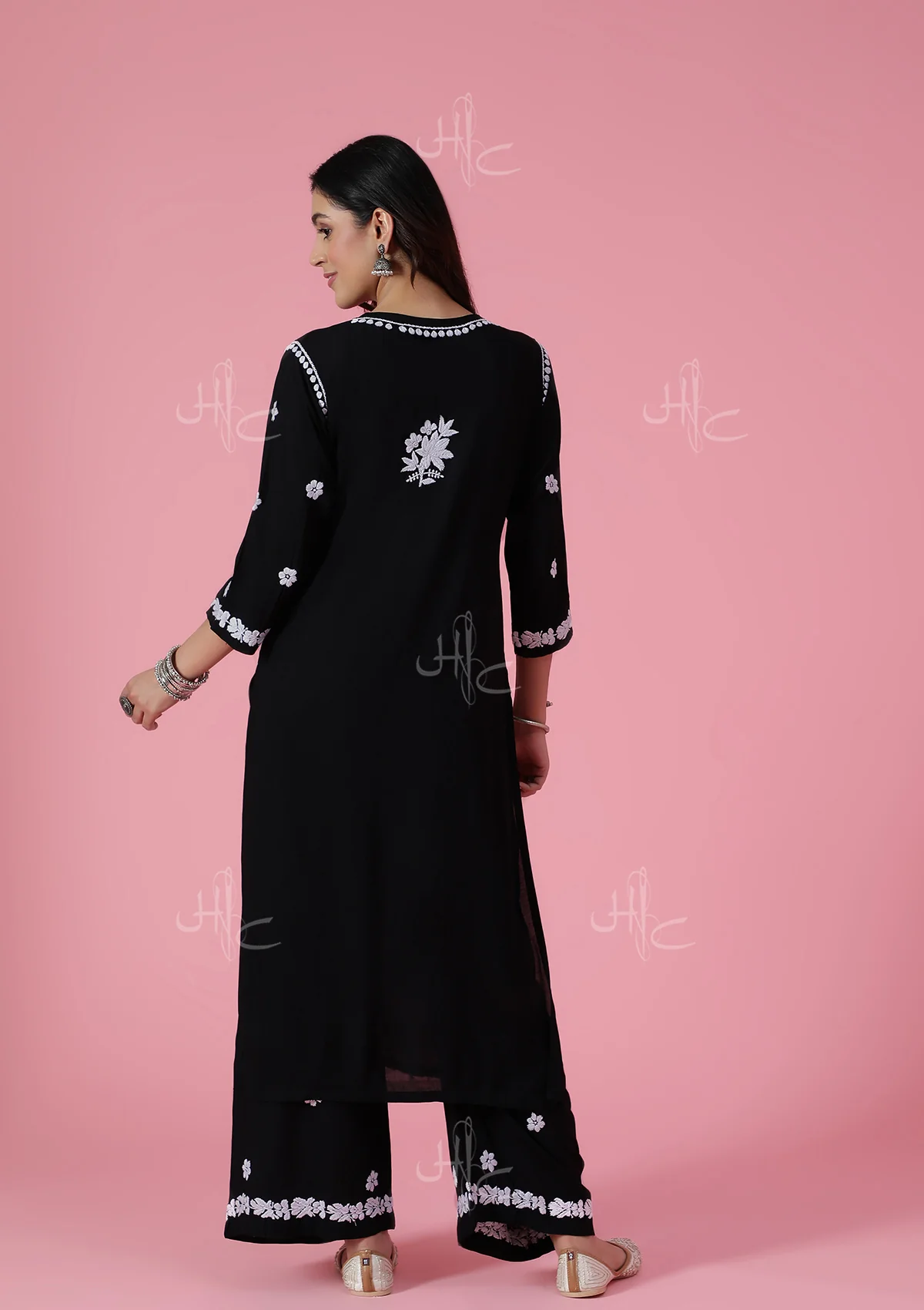 HOC Modal Chikankari Solid Women's 2 PC Long Kurta Set -  Black - Image 7