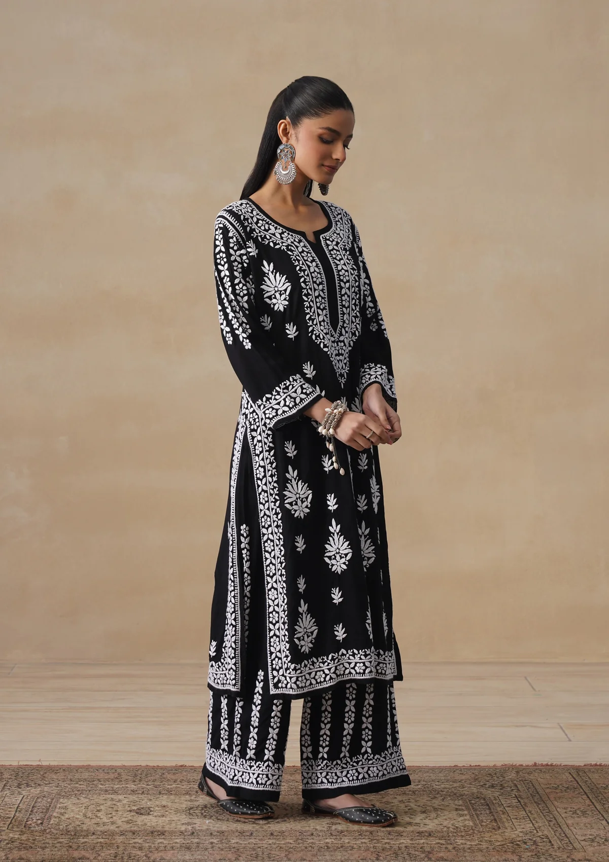 HOC Modal Chikankari Solid Women's 2 PC Long Kurta Set - Black - Image 2
