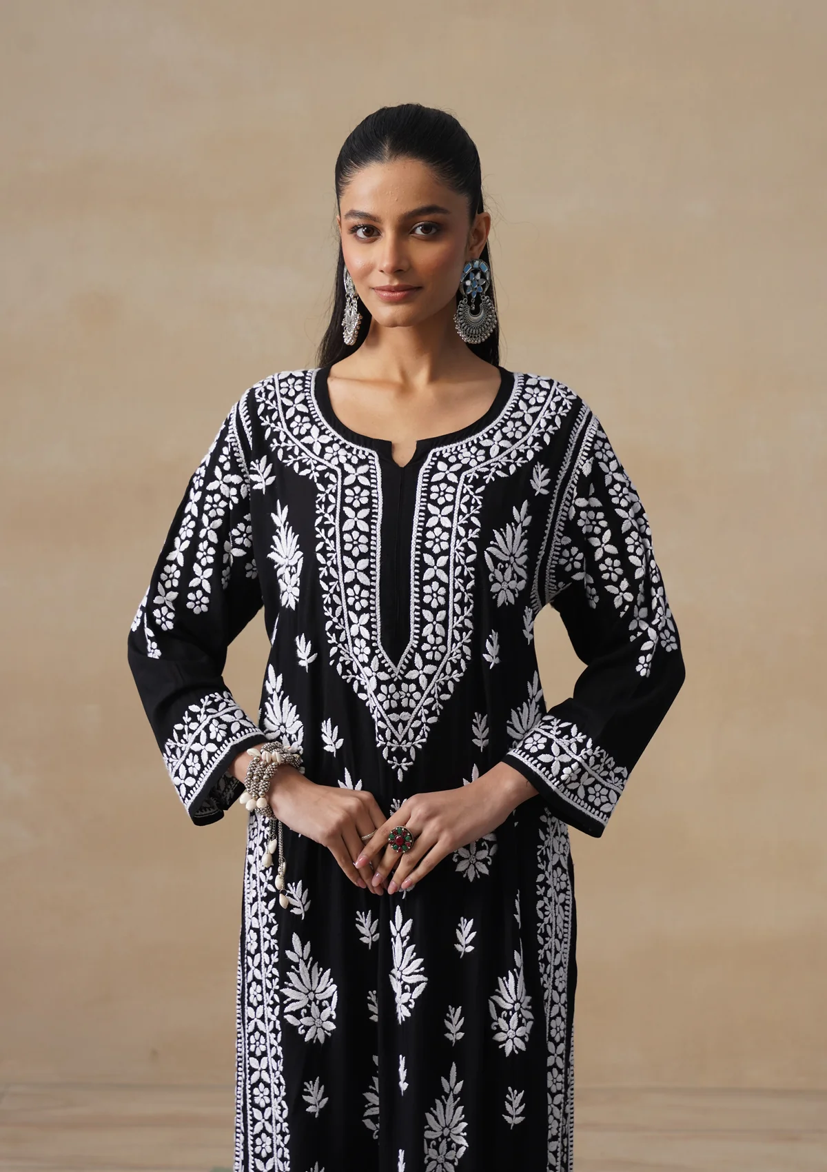 HOC Modal Chikankari Solid Women's 2 PC Long Kurta Set - Black - Image 4