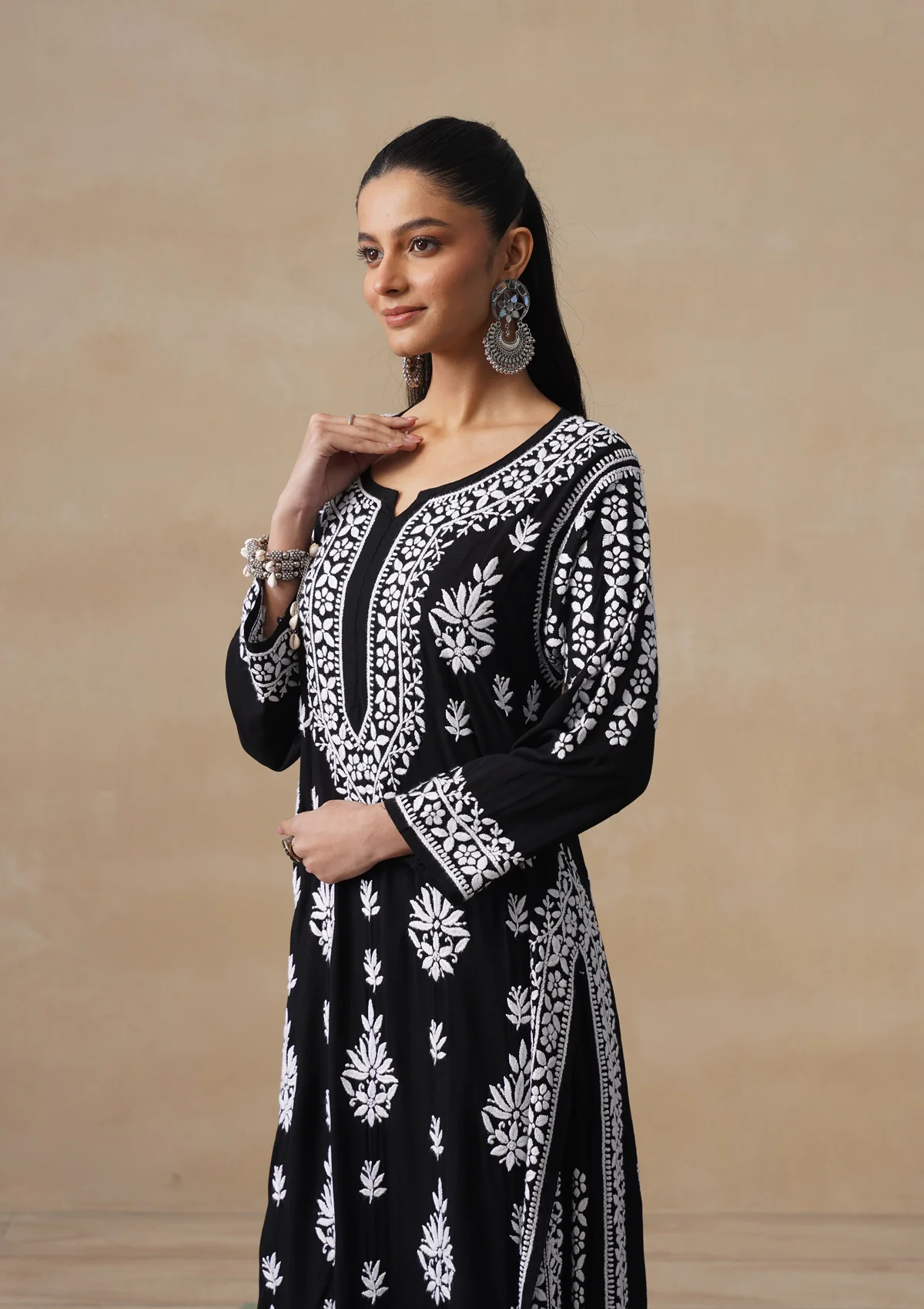 HOC Modal Chikankari Solid Women's 2 PC Long Kurta Set - Black - Image 5