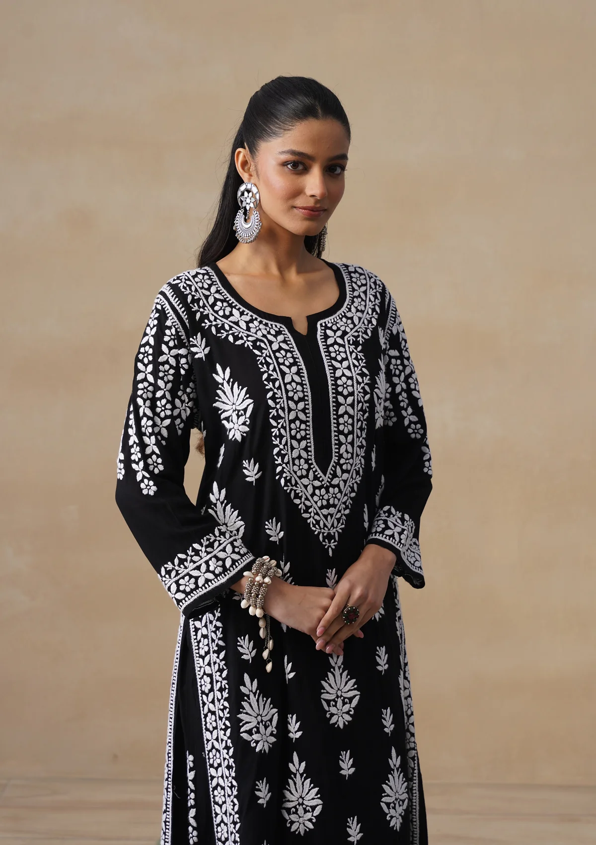 HOC Modal Chikankari Solid Women's 2 PC Long Kurta Set - Black - Image 6