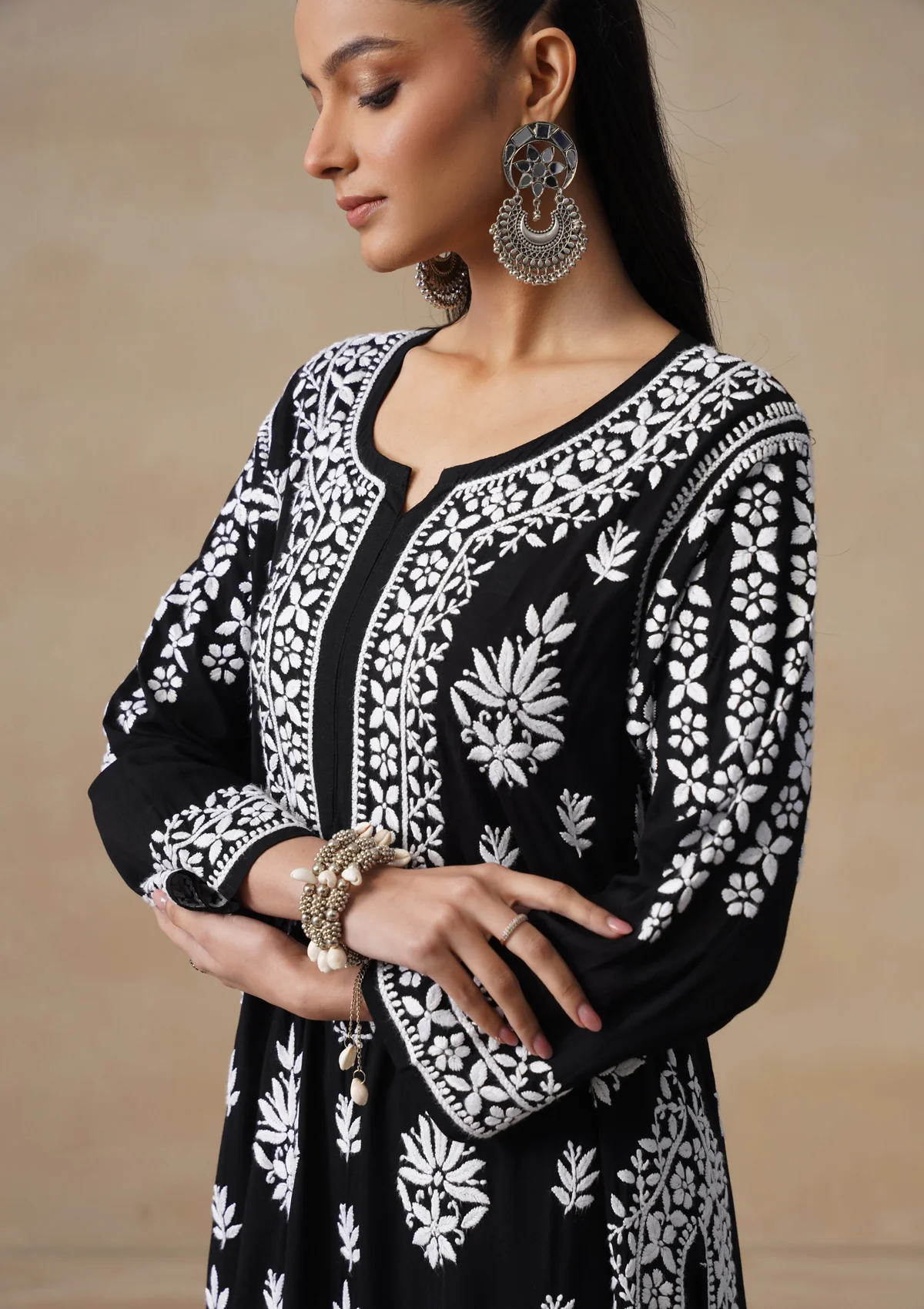 HOC Modal Chikankari Solid Women's 2 PC Long Kurta Set - Black - Image 7