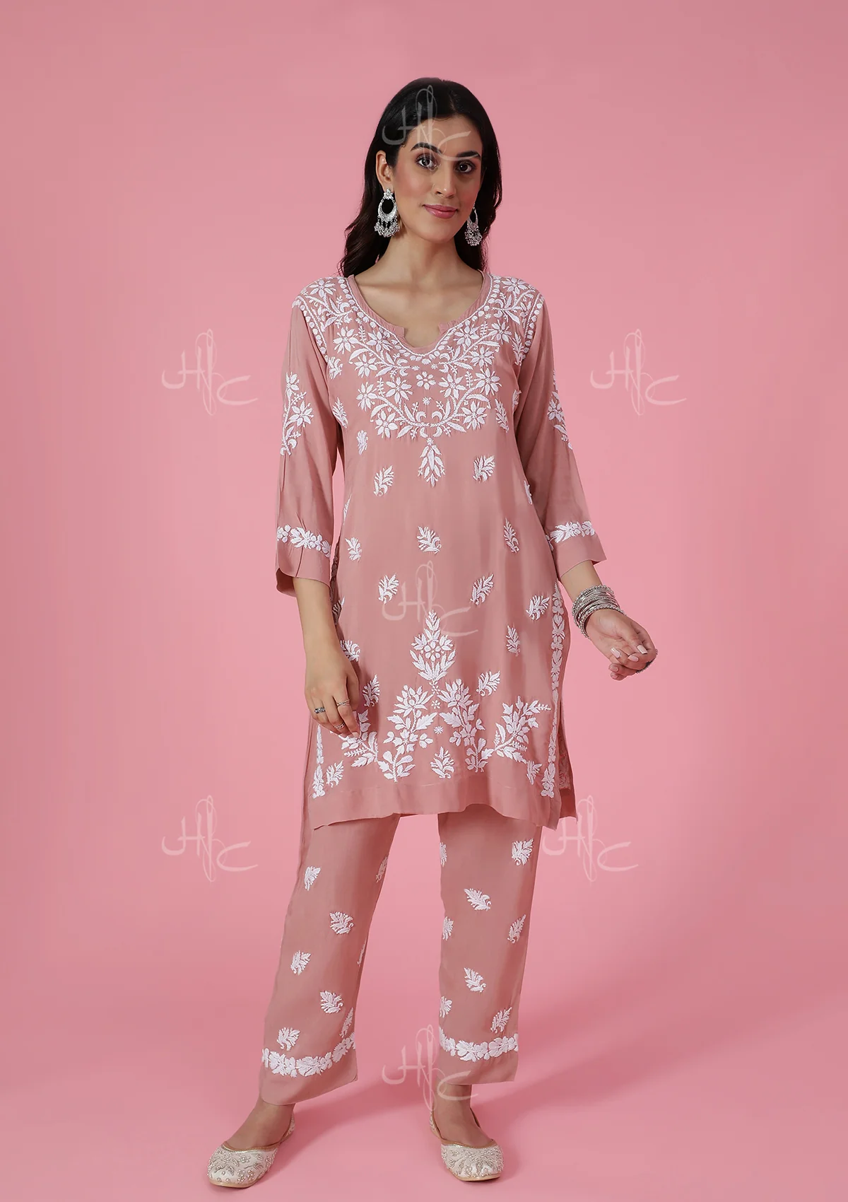 Modal Chikankari Solid Women's 2 PC Short Kurta Set - Dark Pink