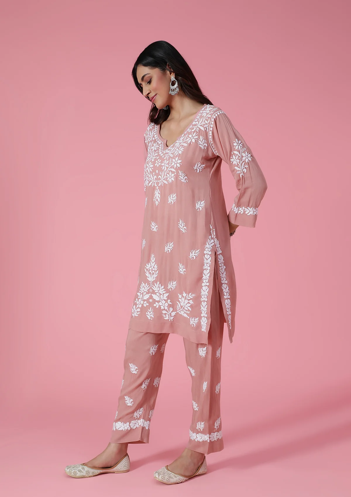 Modal Chikankari Solid Women's 2 PC Short Kurta Set - Dark Pink - Image 2