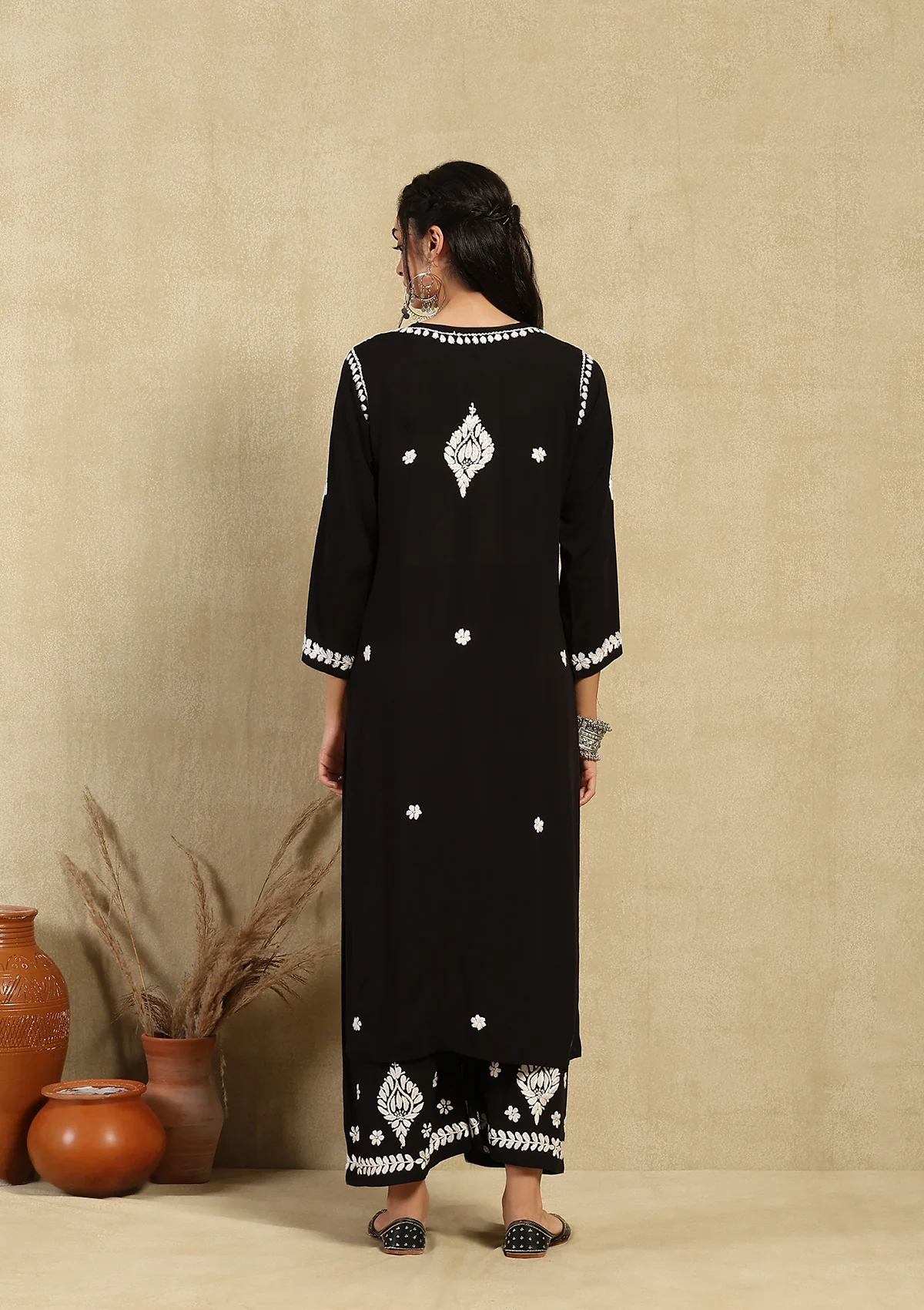 Modal Chikankari Solid Women's 2PC Long Kurta Set- Black - Image 3