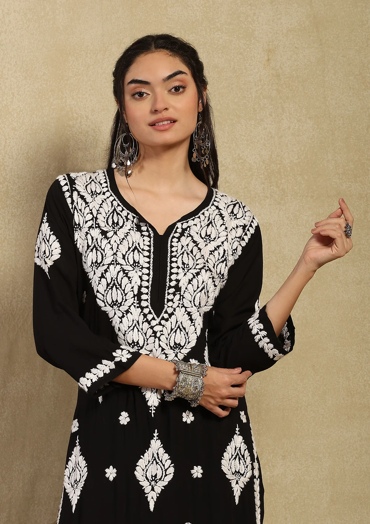 Modal Chikankari Solid Women's 2PC Long Kurta Set- Black - Image 4