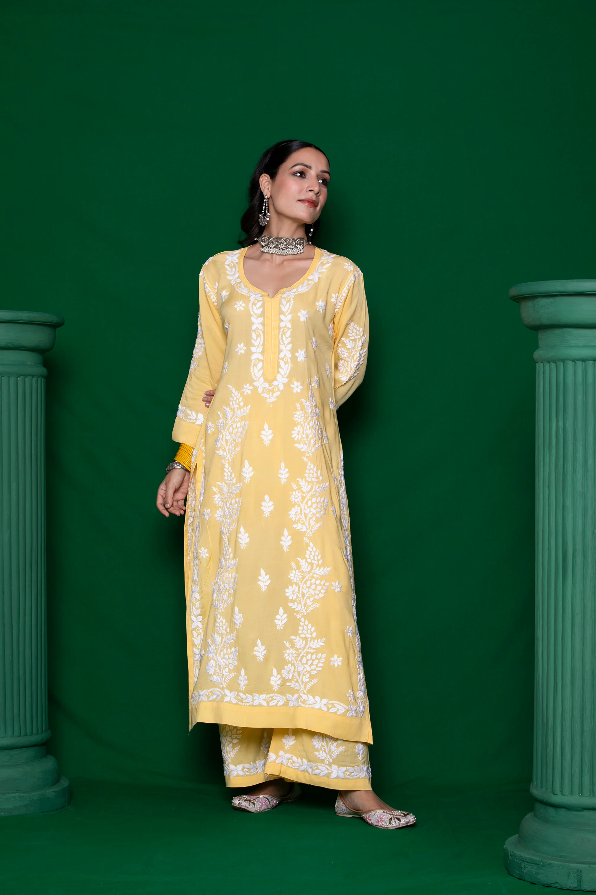 Modal Chikankari Solid Women's 2PC Long Kurta Set - Yellow - Image 3