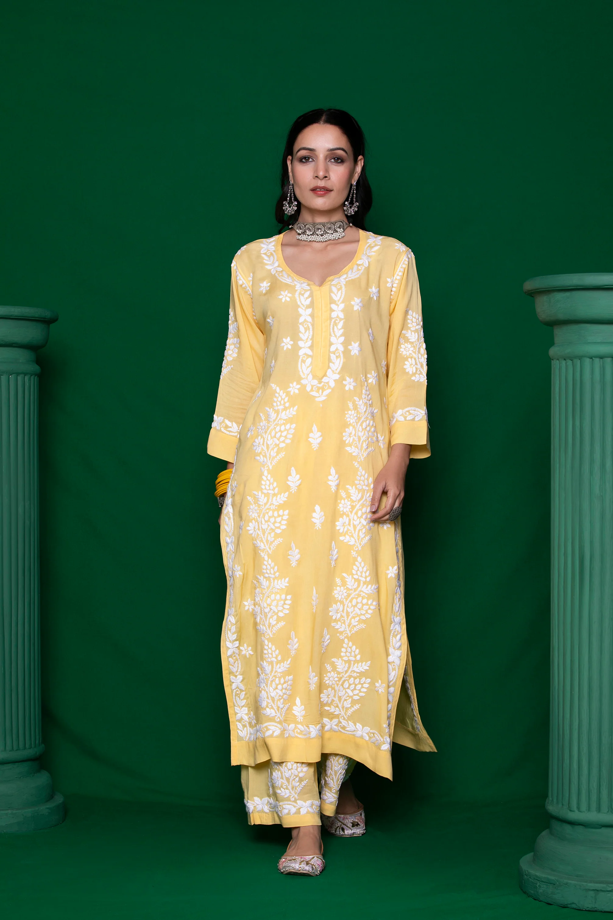 Modal Chikankari Solid Women's 2PC Long Kurta Set - Yellow - Image 4