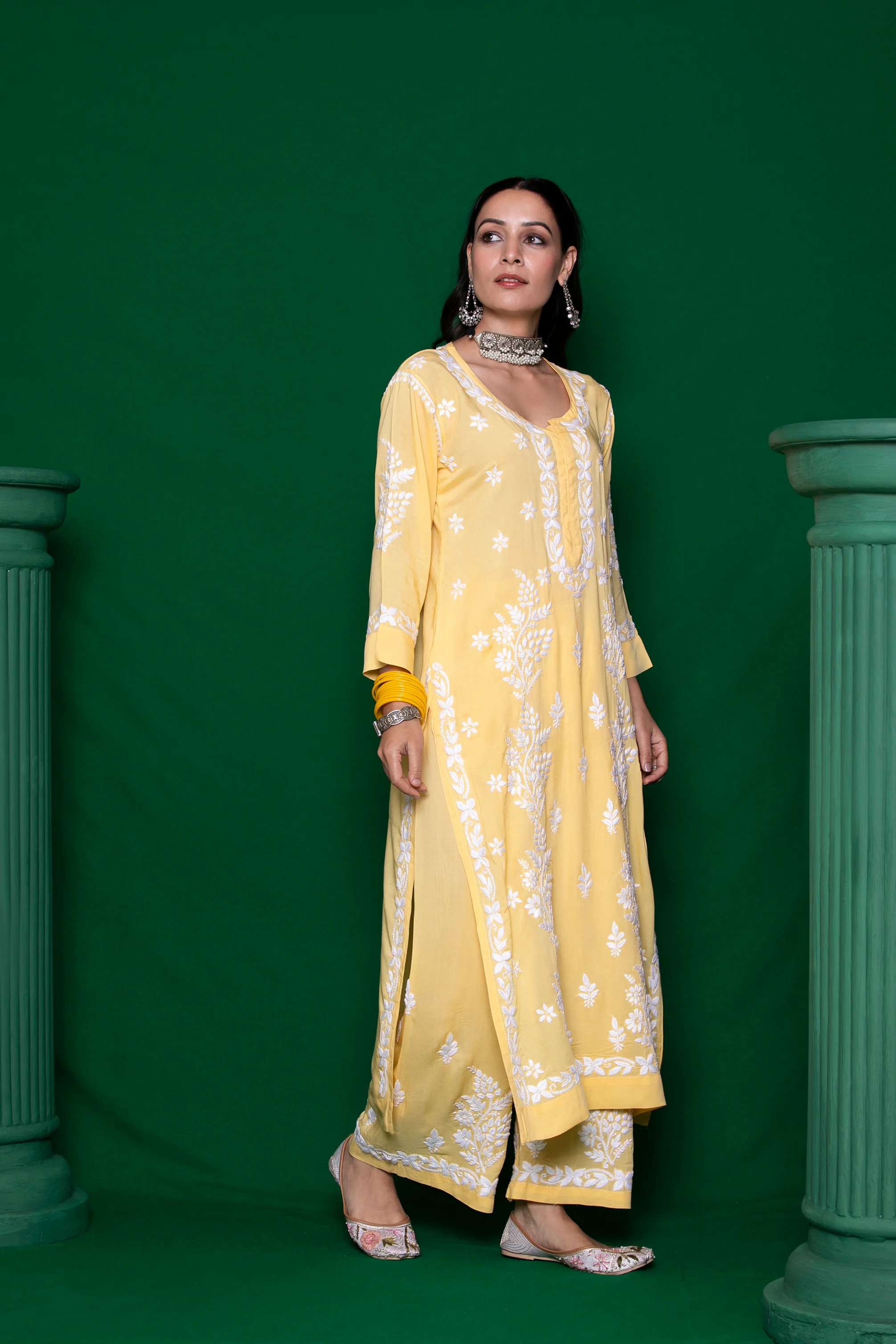 Modal Chikankari Solid Women's 2PC Long Kurta Set - Yellow - Image 5