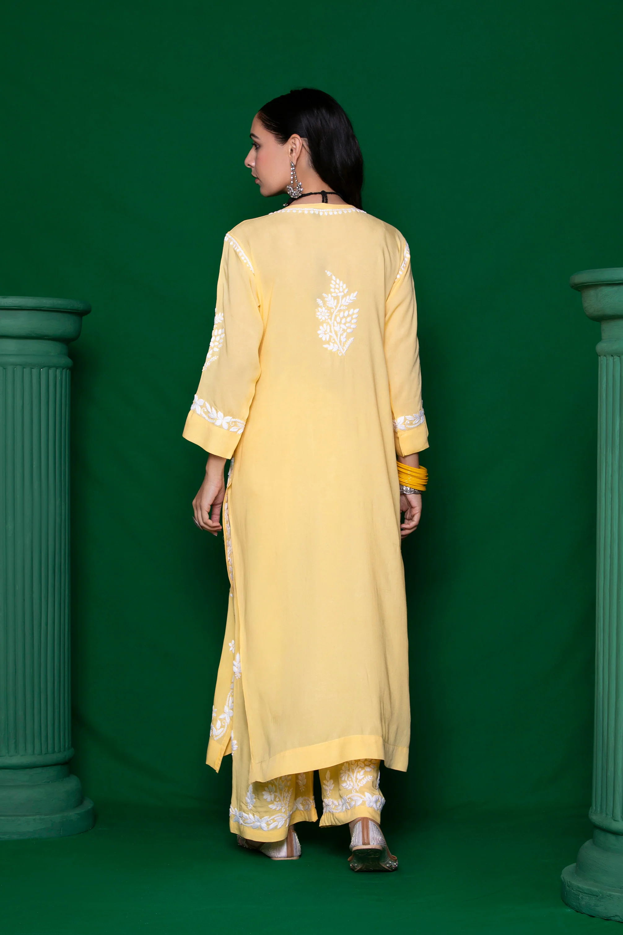 Modal Chikankari Solid Women's 2PC Long Kurta Set - Yellow - Image 7
