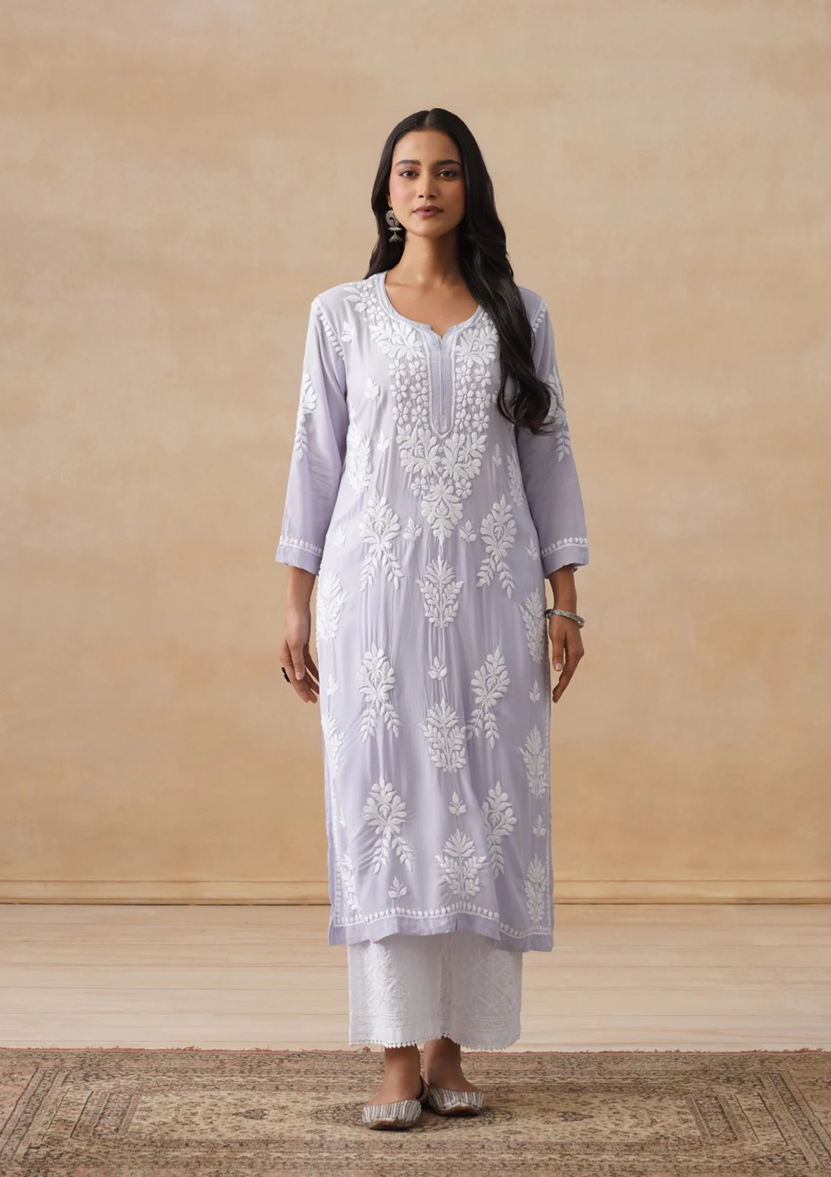 Modal Chikankari Solid Women's Long Kurta - Purple - Image 3