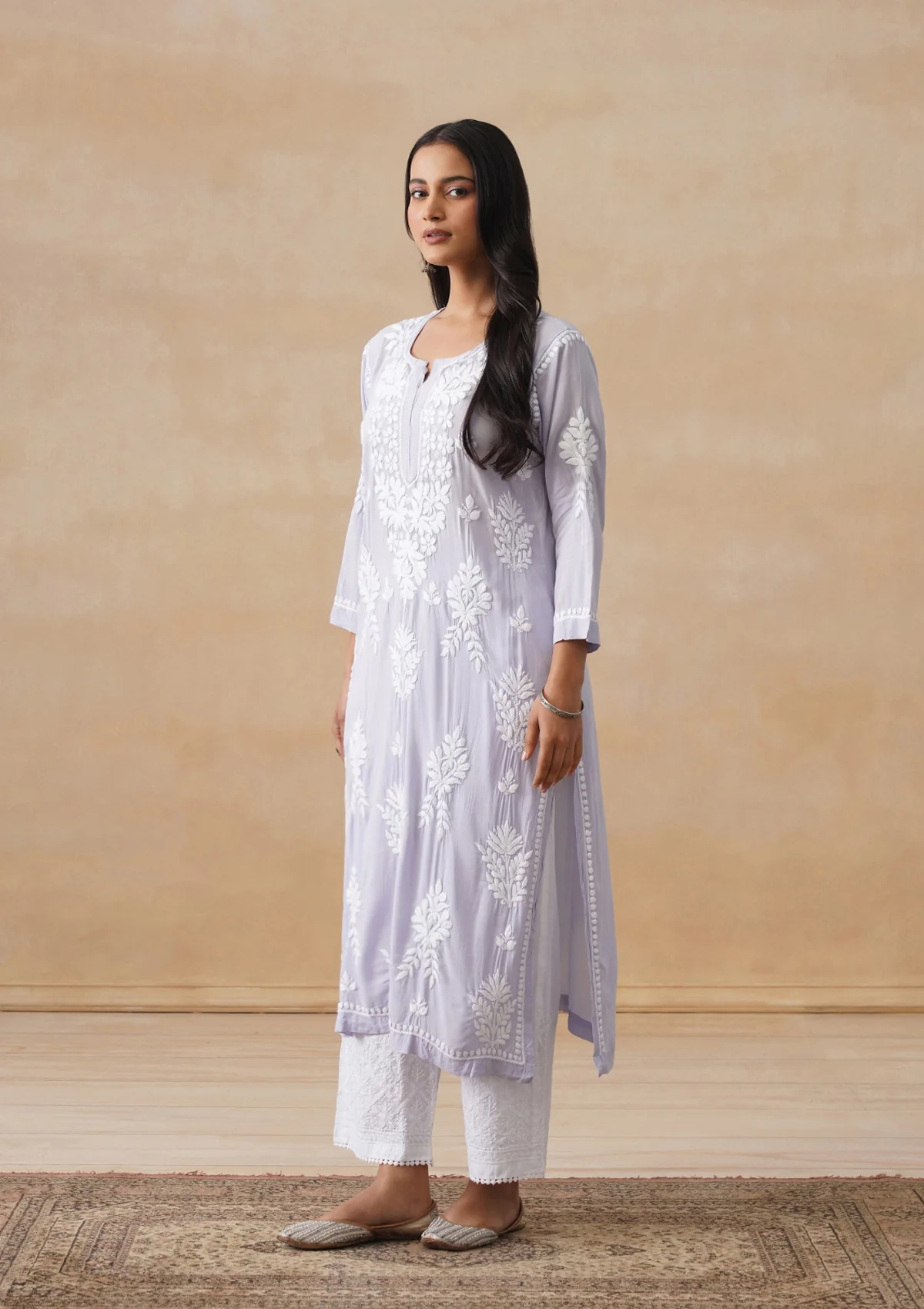 Modal Chikankari Solid Women's Long Kurta - Purple - Image 5