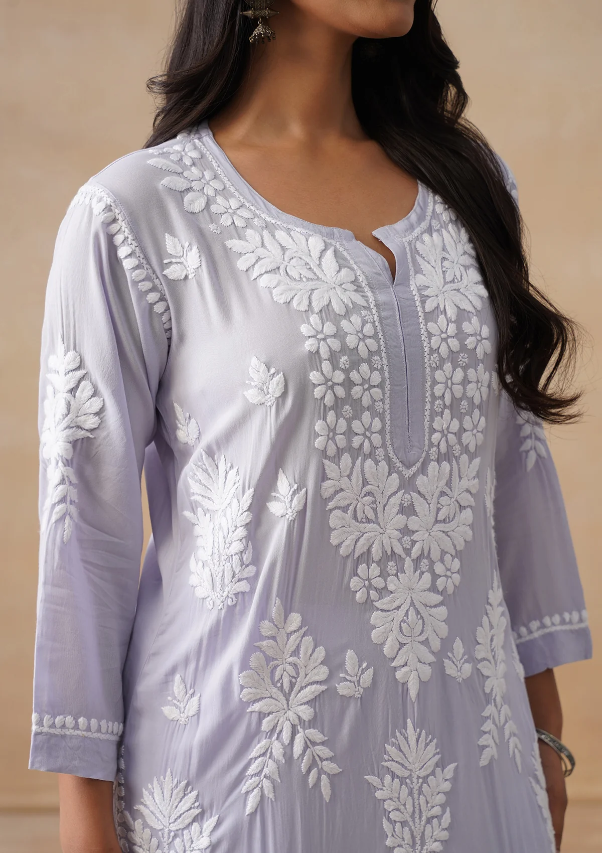 Modal Chikankari Solid Women's Long Kurta - Purple - Image 7