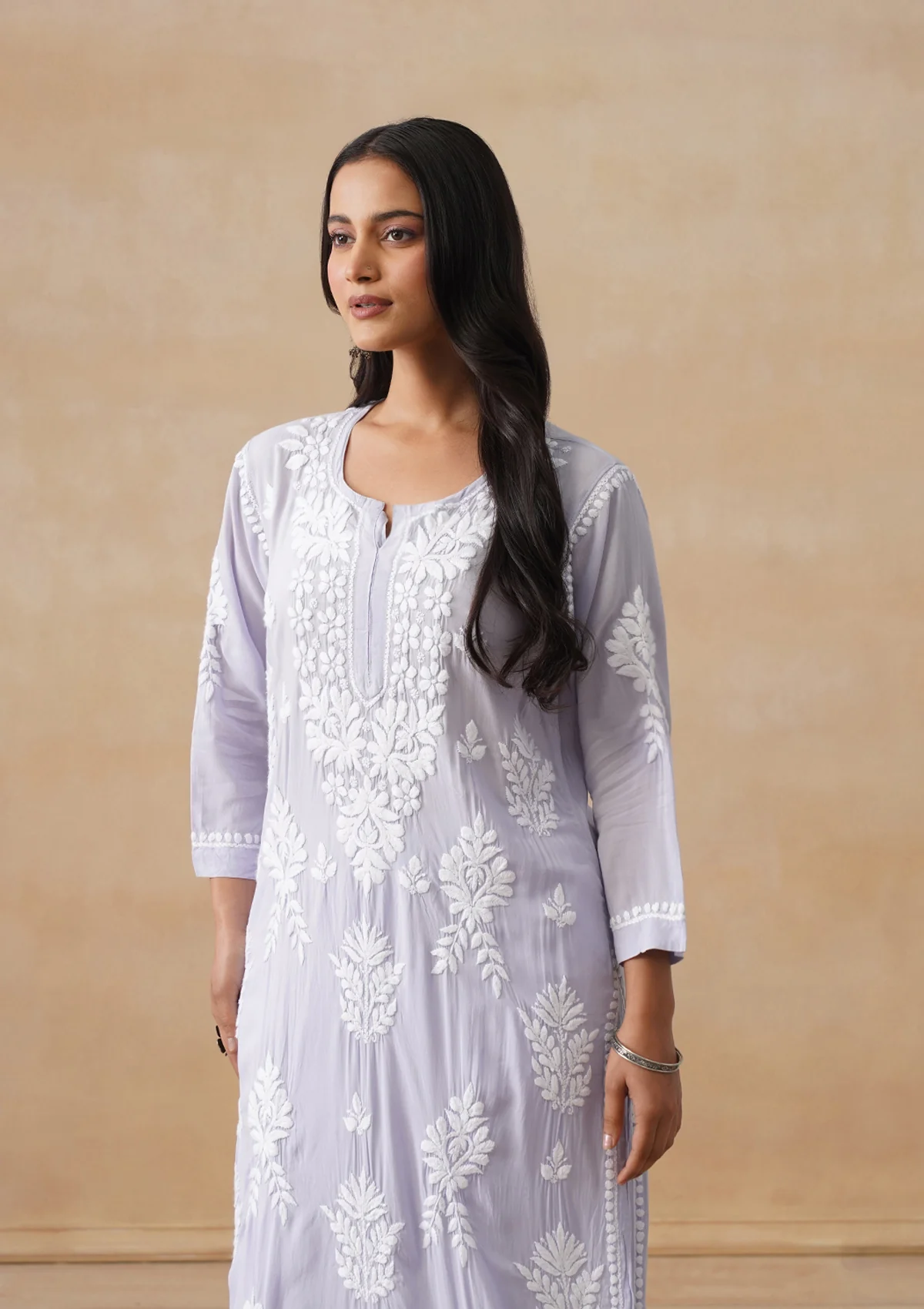 Modal Chikankari Solid Women's Long Kurta - Purple - Image 8