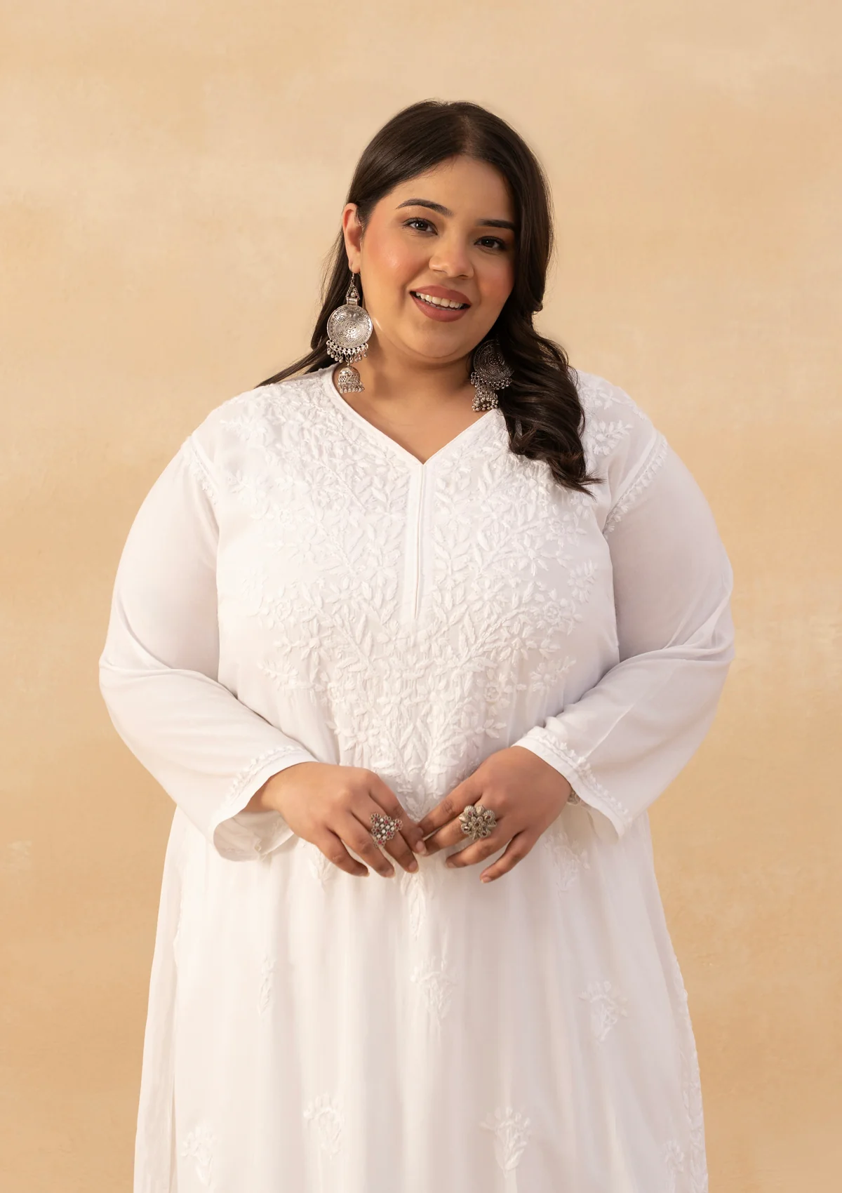 HOC Modal Chikankari Solid Women's Long Kurta - White - Image 4