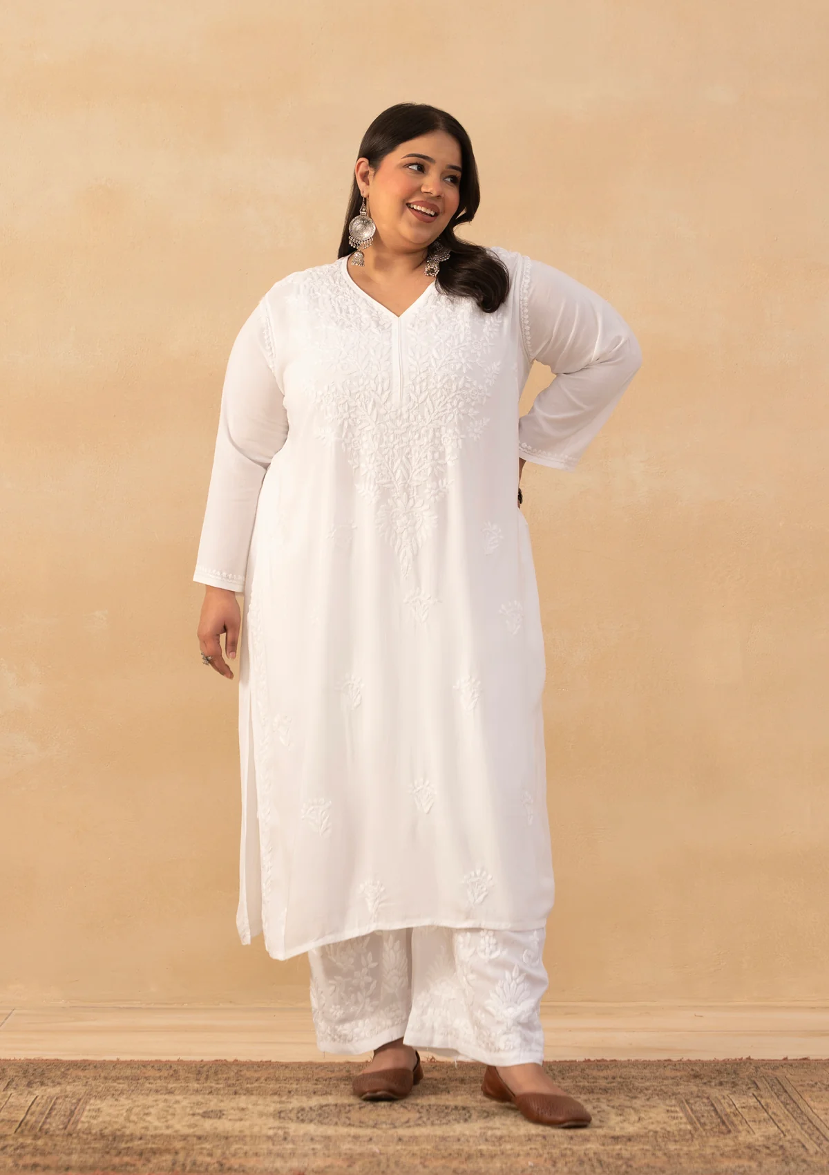HOC Modal Chikankari Solid Women's Long Kurta - White - Image 5