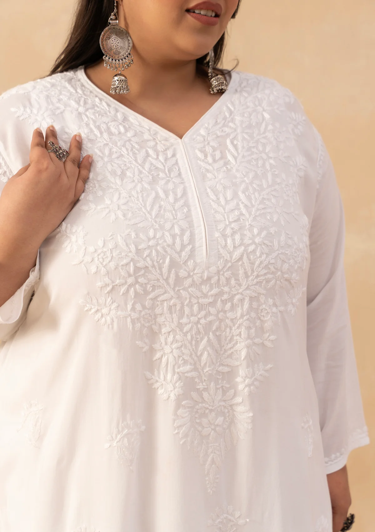 HOC Modal Chikankari Solid Women's Long Kurta - White - Image 6